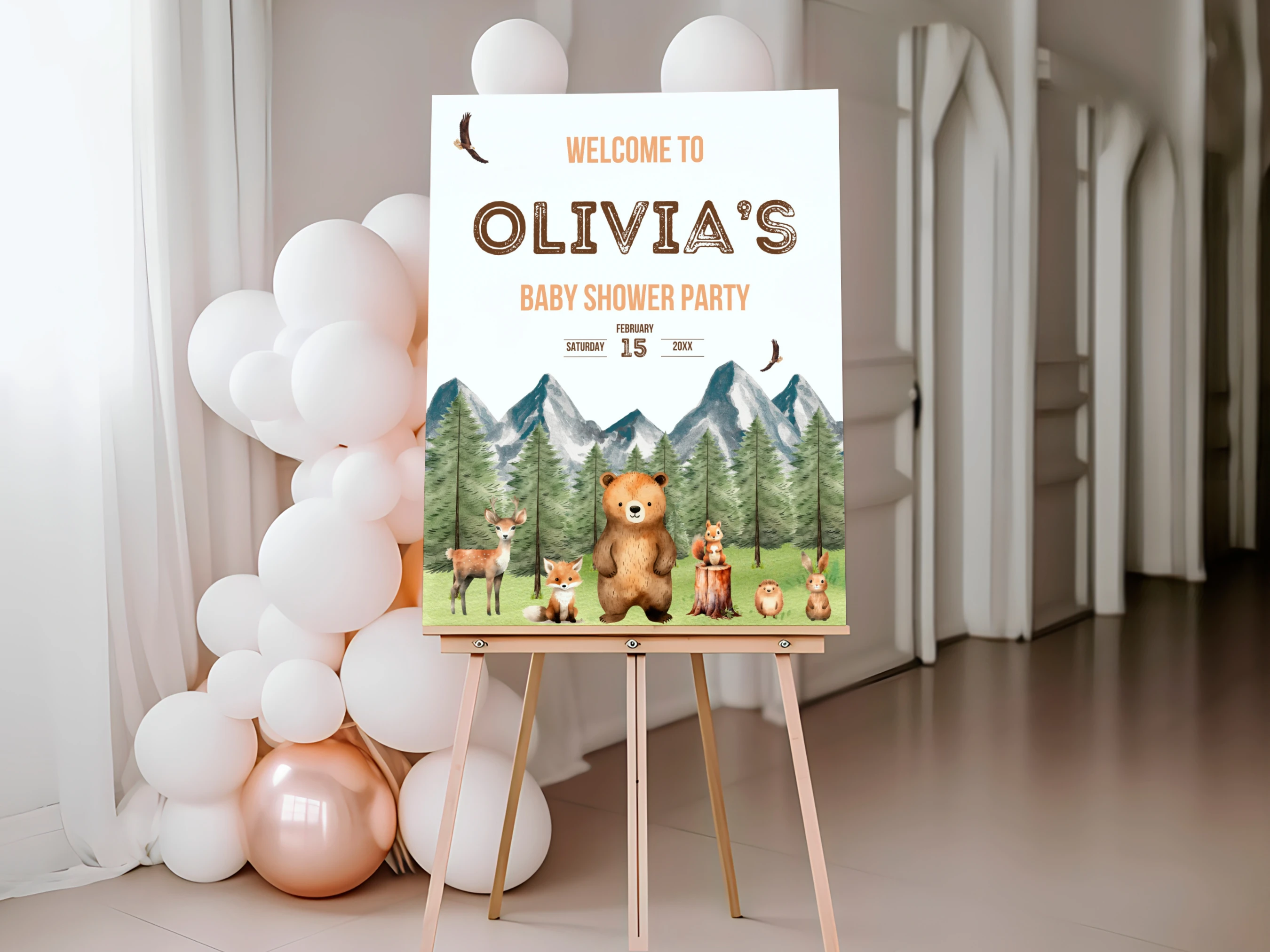 woodland baby shower welcome sign forest animals mountain board canva template digital download, forest animals baby shower welcome board woodland decorations canva template