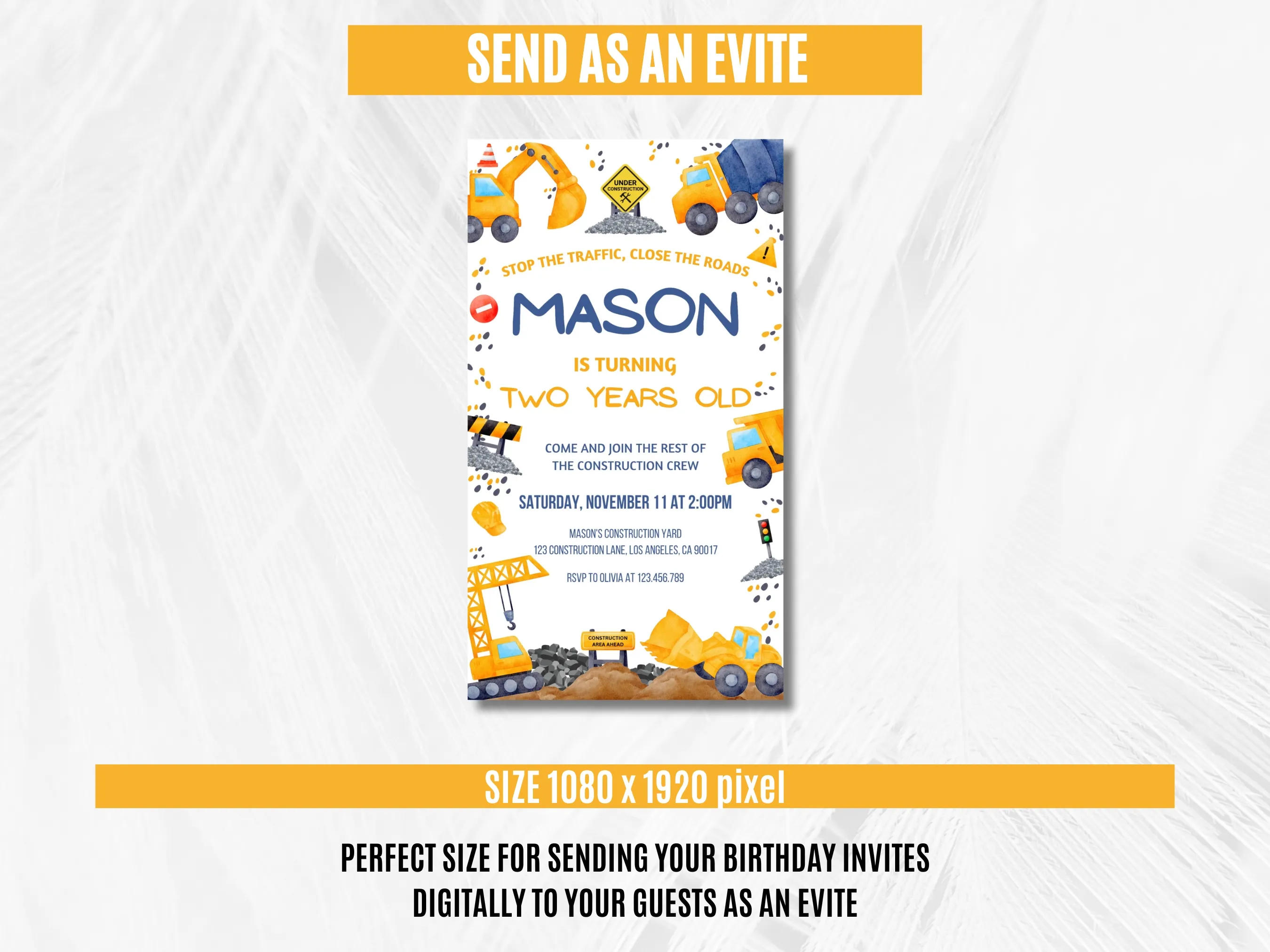 Construction Birthday Mobile Invitation | Excavator & Dump Truck Evite | Editable Canva Template | Digital Download