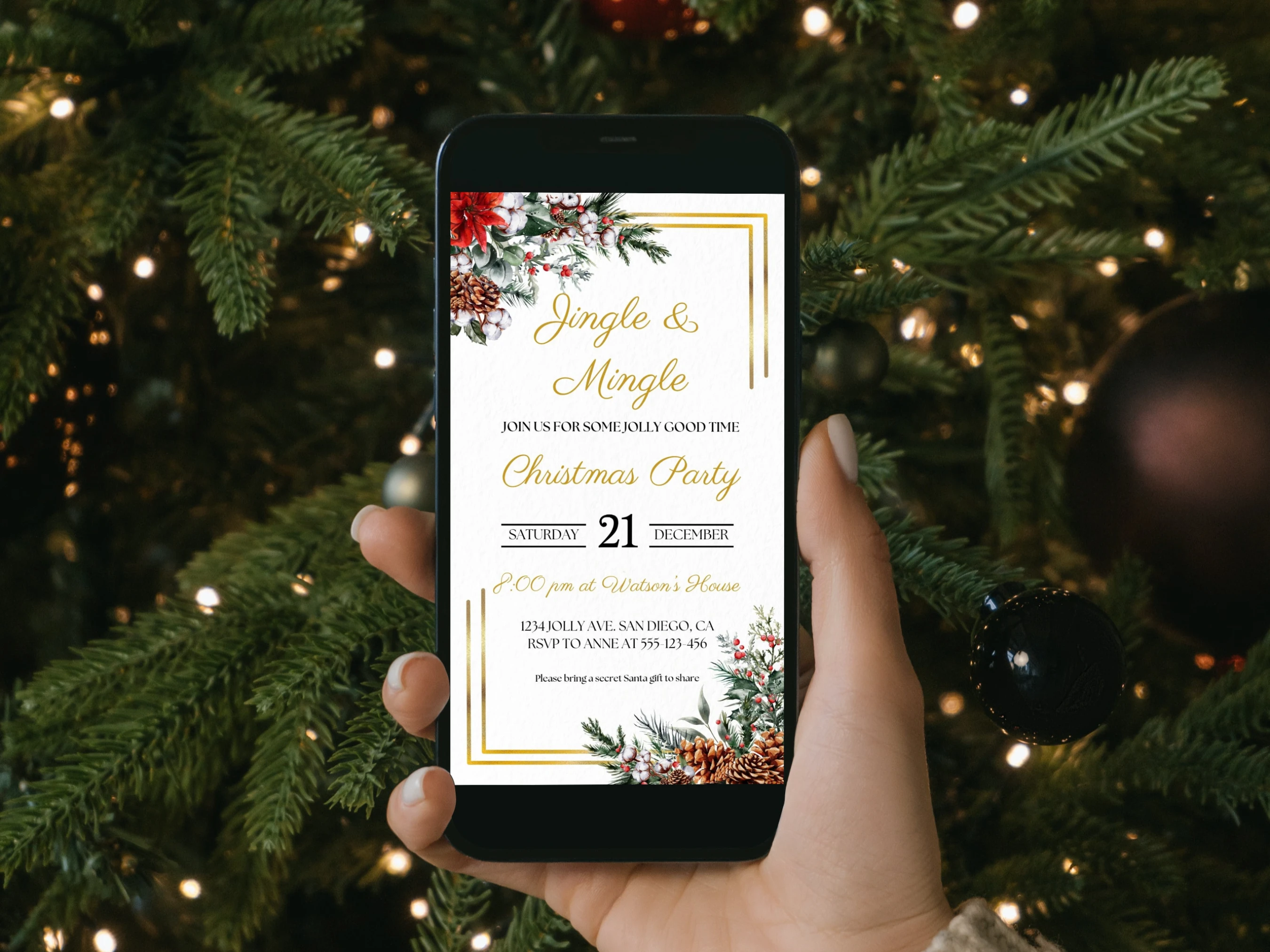 Jingle and Mingle Christmas mobile invitation with golden frame, festive greenery, red berries, pinecones and elegant holiday lettering