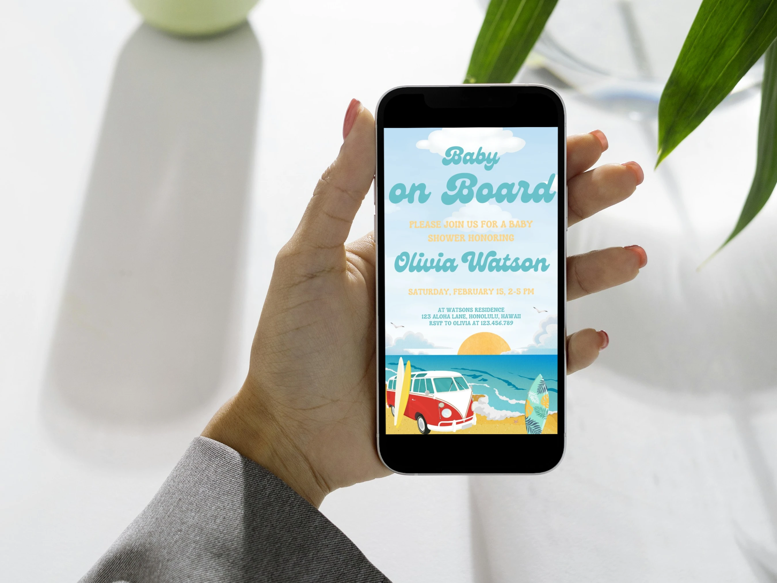 Baby On Board Baby Shower Mobile Invitation | Surf Baby Shower Digital Invite | Ocean Baby Shower Party | Editable Canva Template | Digital Download