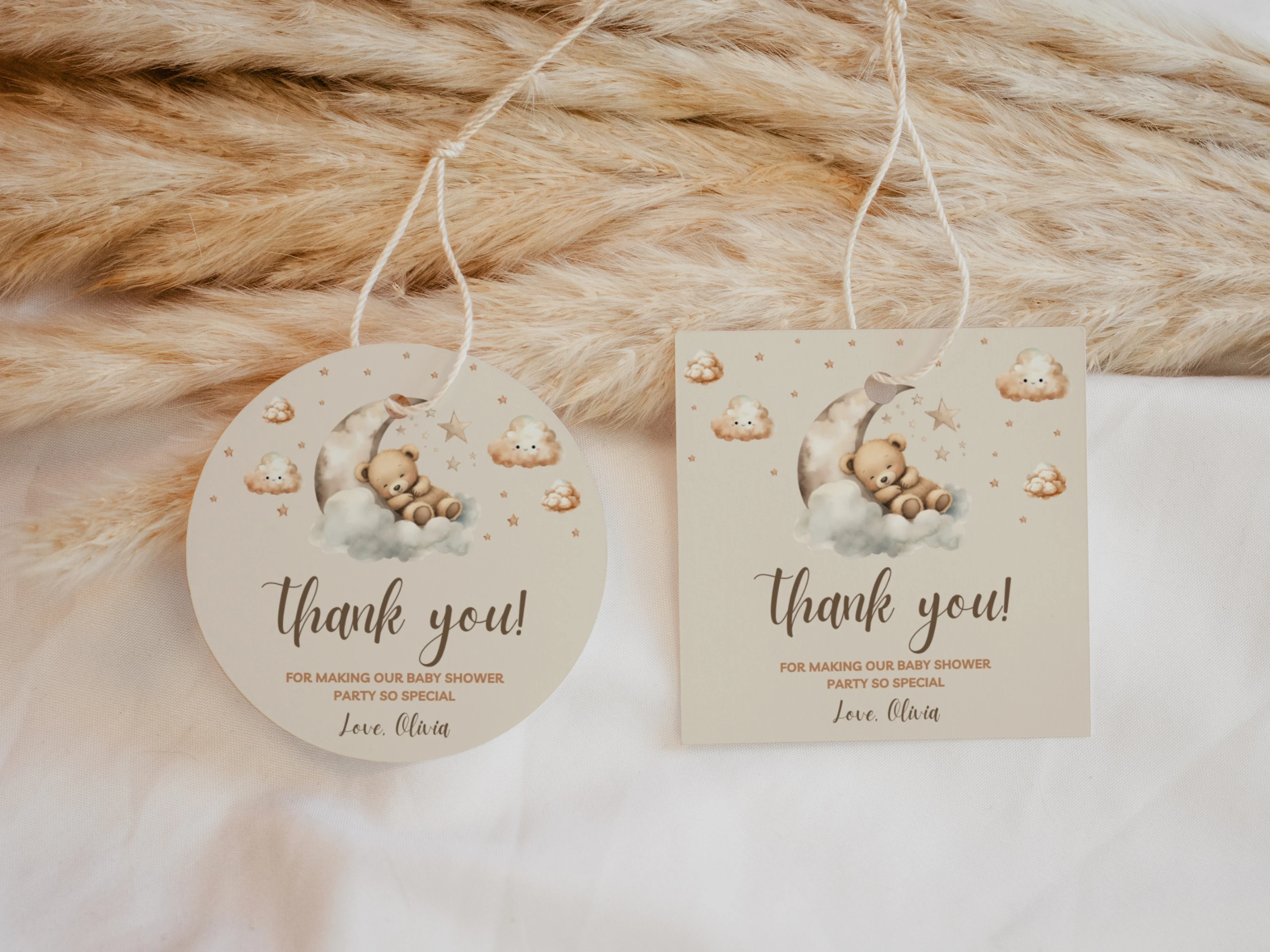 Sleeping Teddy Bear Baby Shower Thank You Tags | Over The Moon Beige Gold Favor Tags | Editable Canva Template | Digital Download