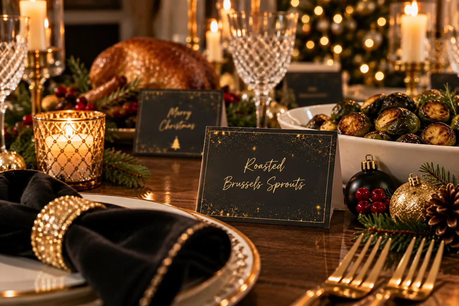Black and gold Christmas food card beside roast Brussels sprouts on an elegant festive dinner table