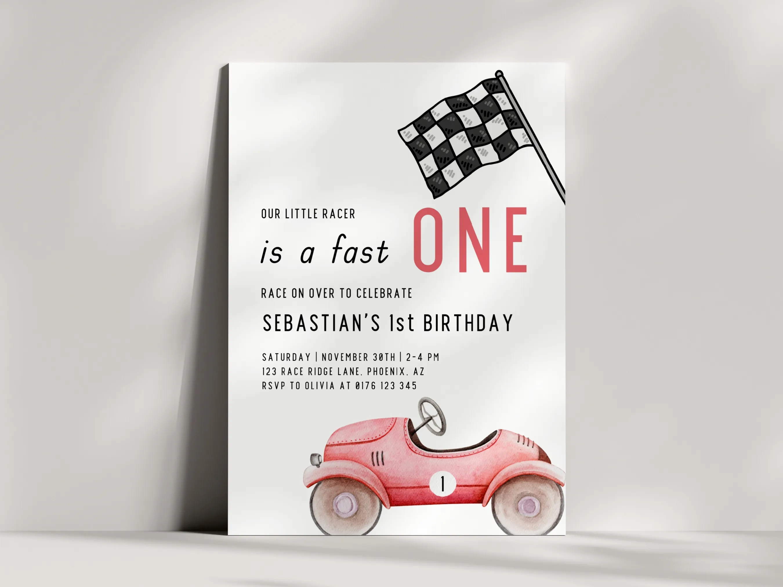 Fast One first birthday invitation with vintage race car theme, editable Canva template for kids’ racing party, digital download.