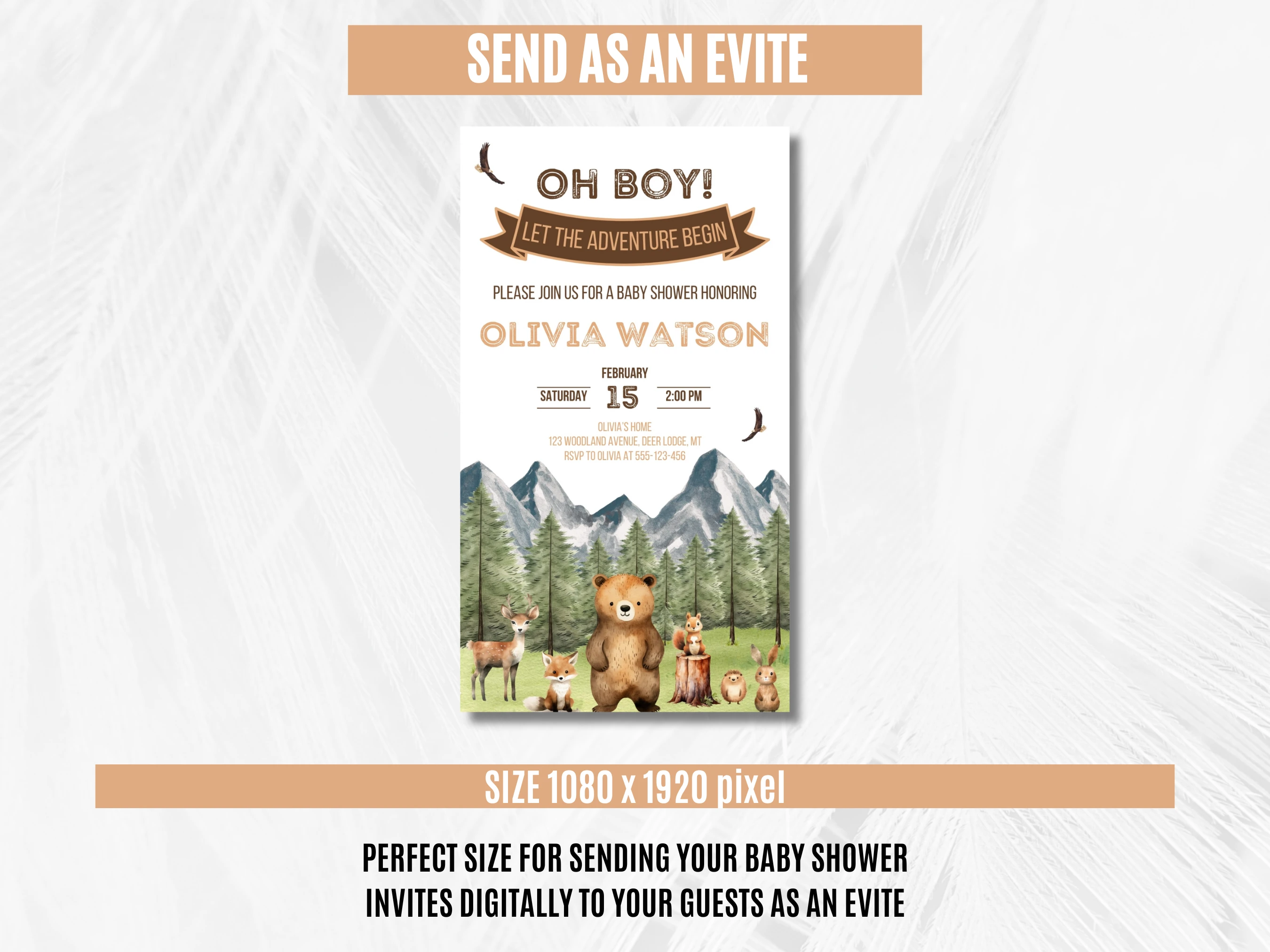 Woodland Baby Shower Mobile Invitation | Let The Adventure Begin Baby Shower Digital Invite | Brown Bear and Forest Animals Baby Shower Party | Editable Canva Template | Digital Download