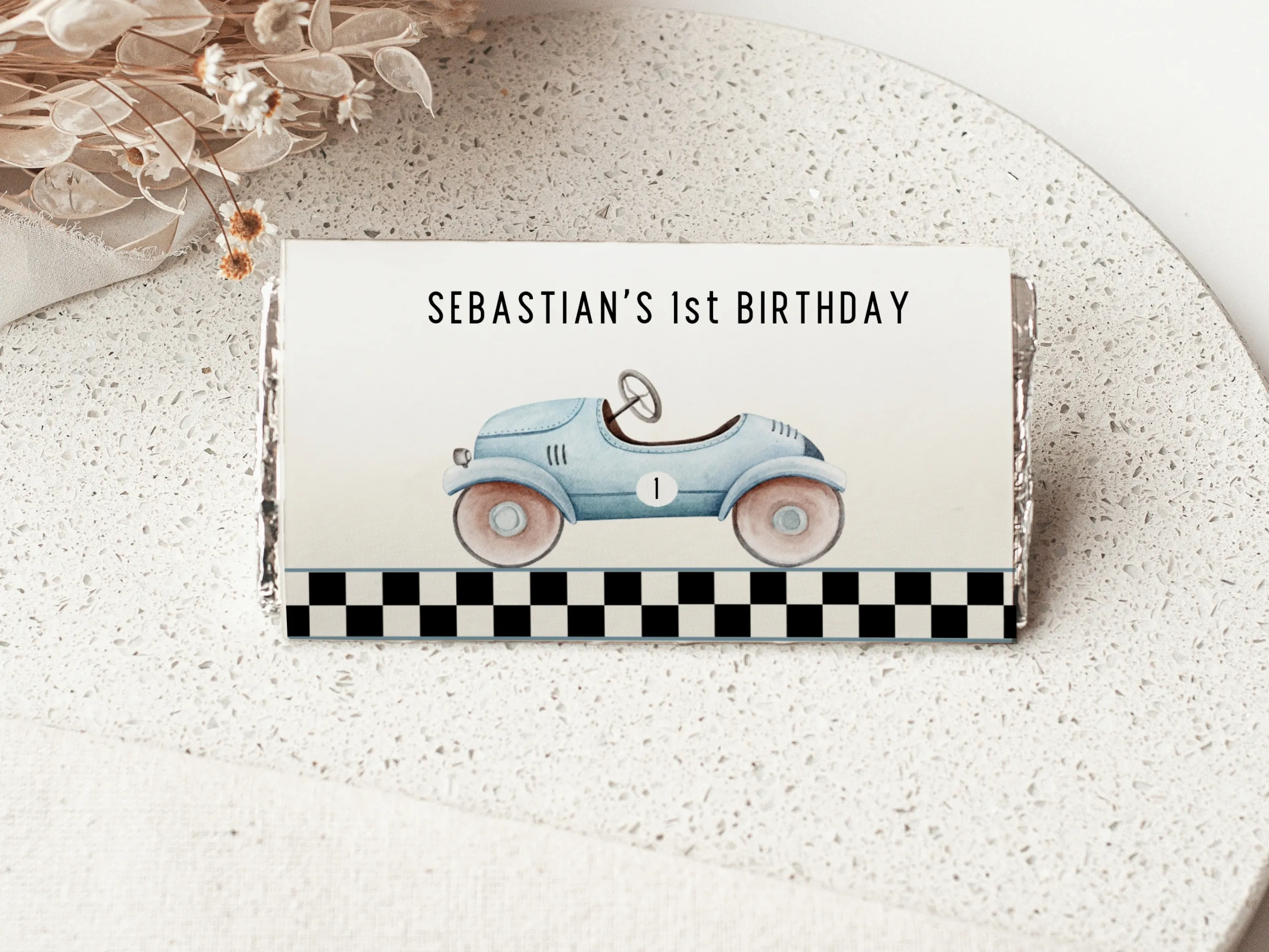 Blue vintage race car 1st birthday chocolate wrappers with retro Fast One design, mini candy bar labels, editable Canva template by fllcdesigns