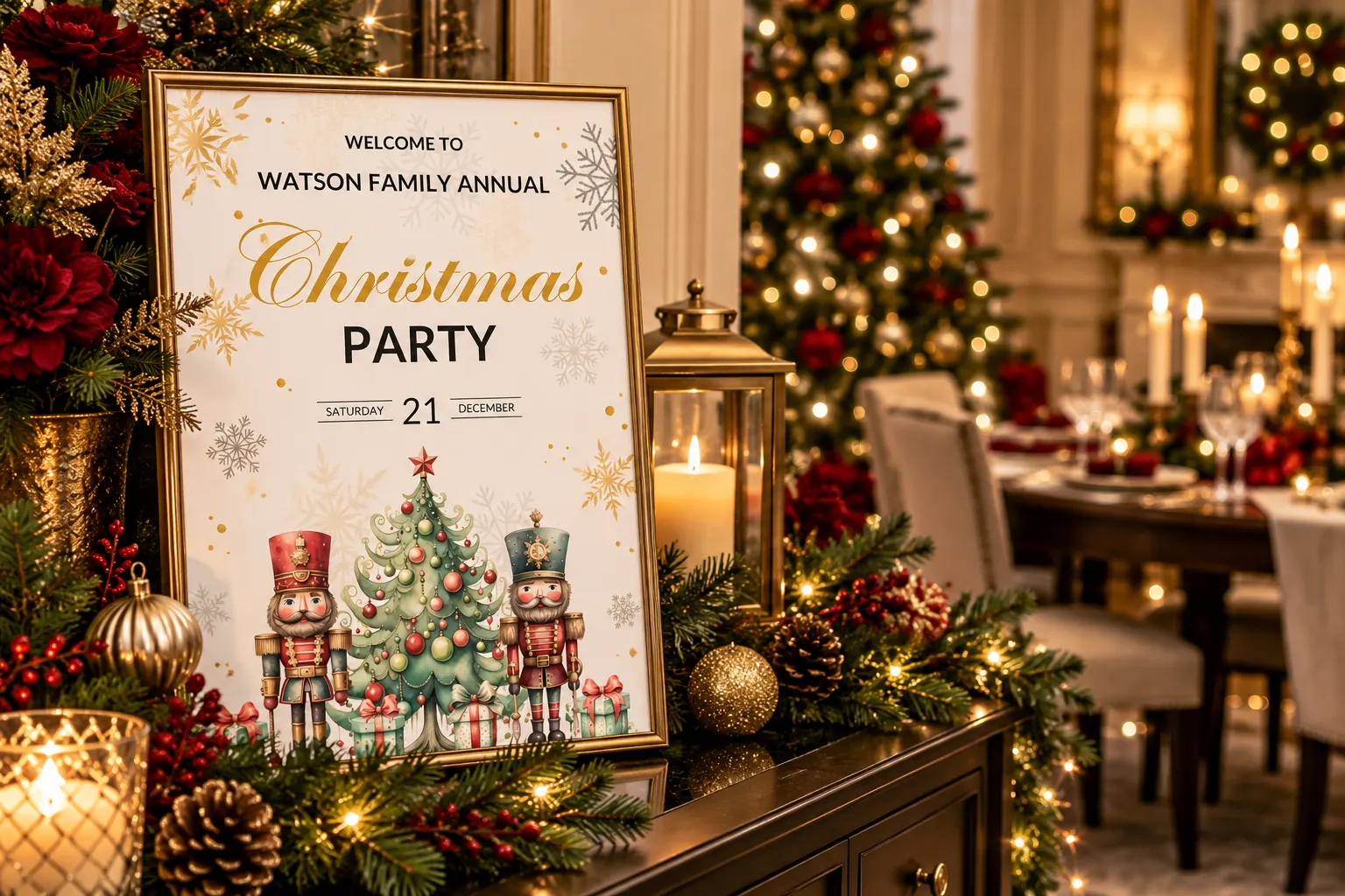 Nutcracker Christmas welcome sign displayed in an elegant festive entryway with greenery, candles and Christmas dinner decorations