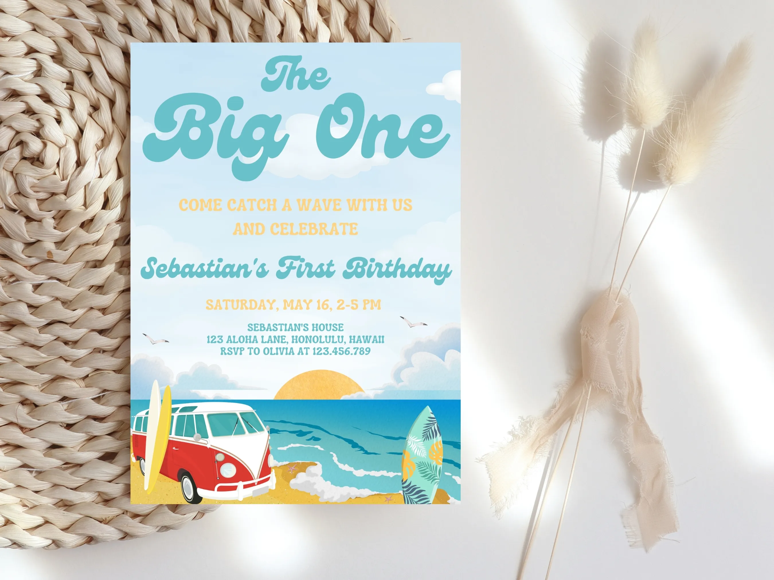 The Big One Birthday Invitation | Surf’s Up Beach Theme | Editable Canva Template | Digital Download