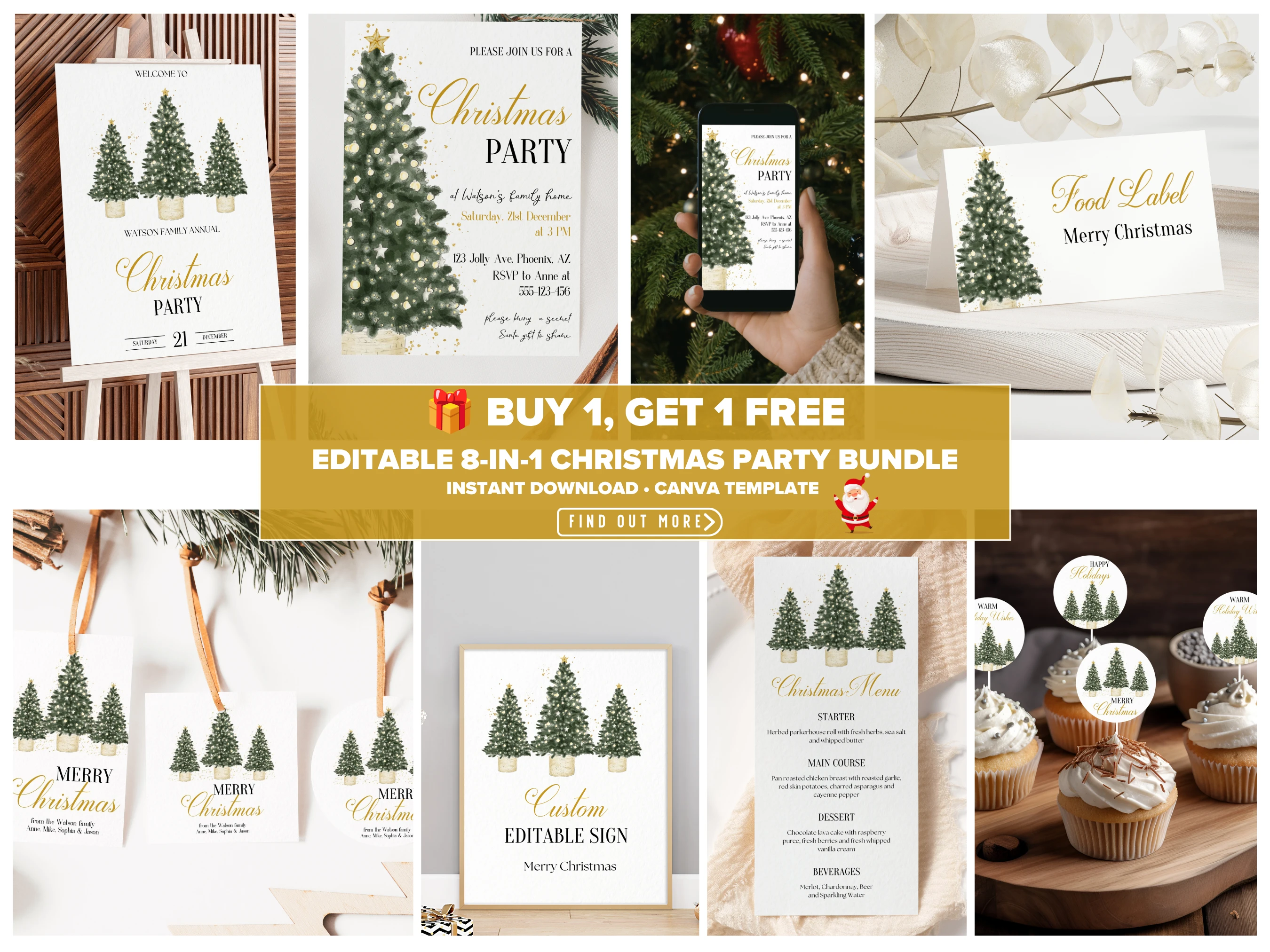 Elegant Christmas tree party bundle with watercolor evergreen trees, gold lettering, invitations, menus, signs, favor tags and cupcake toppers