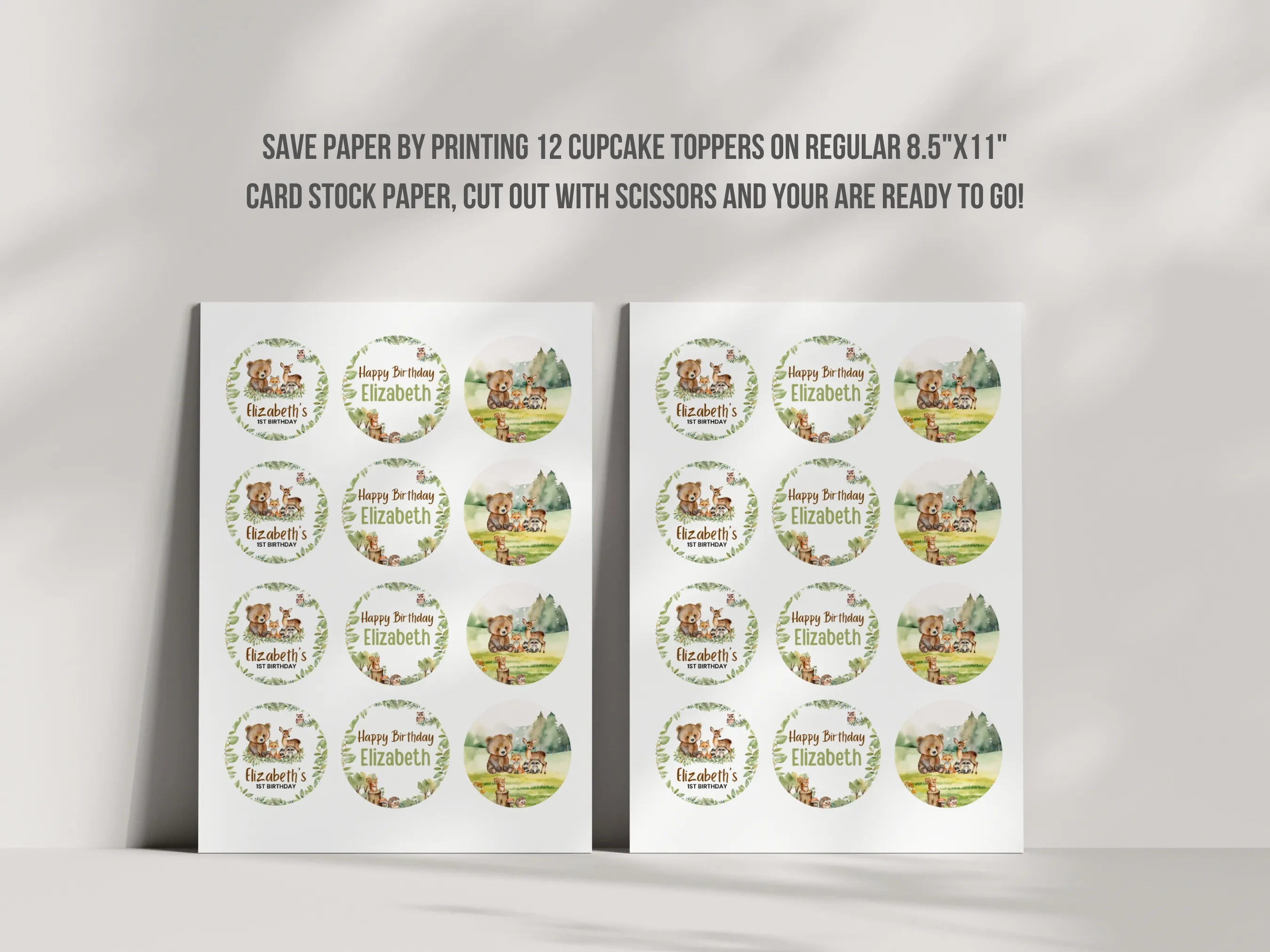 Woodland Happy Birthday Cupcake Toppers | Forest Animals “One” Cake Topper | Wild One Cupcake Toppers | Editable Canva Template | Digital Download