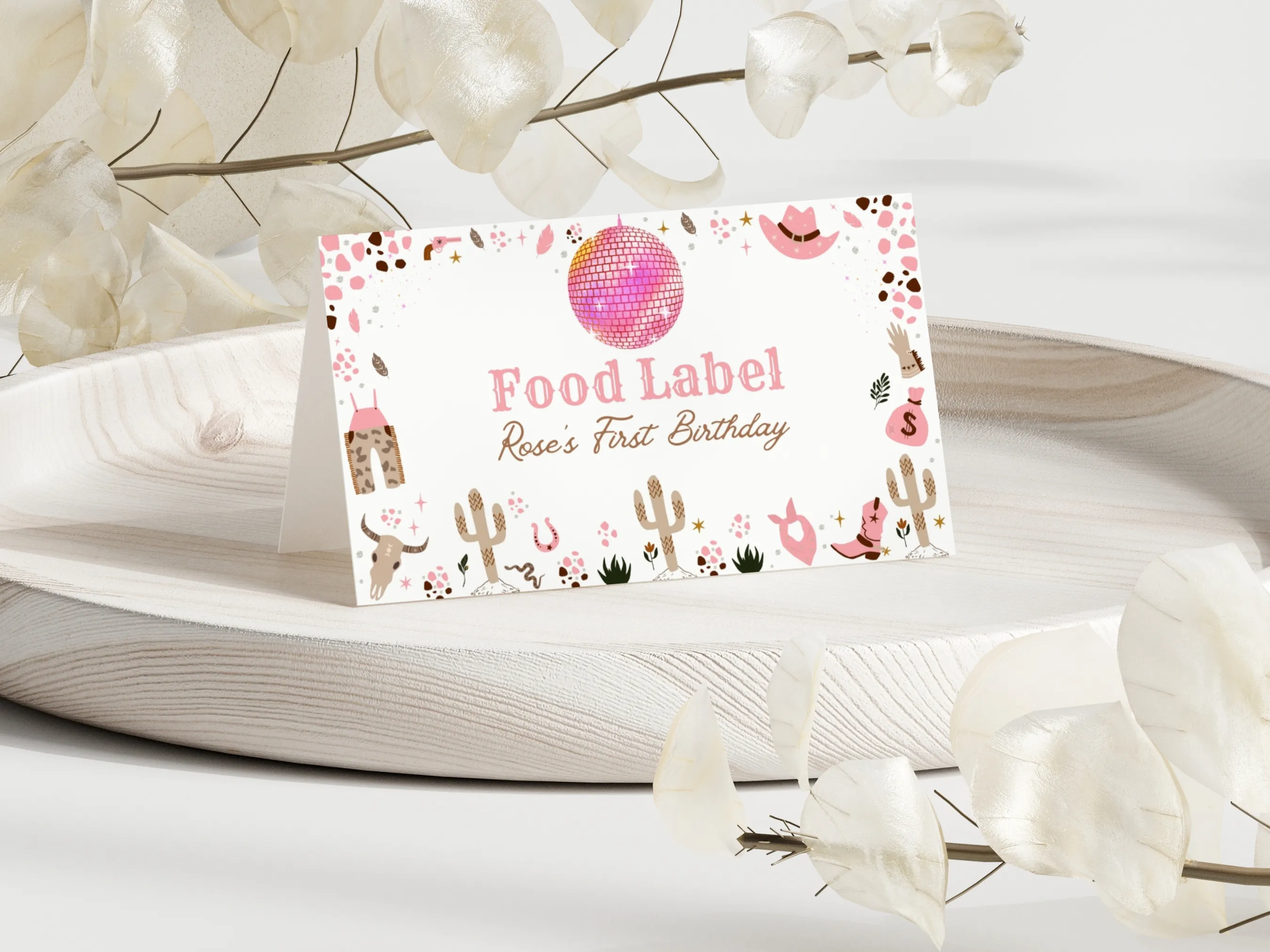Disco Cowgirl First Rodeo food tent cards with pink space cowgirl theme, editable table labels and name tags by fllcdesigns