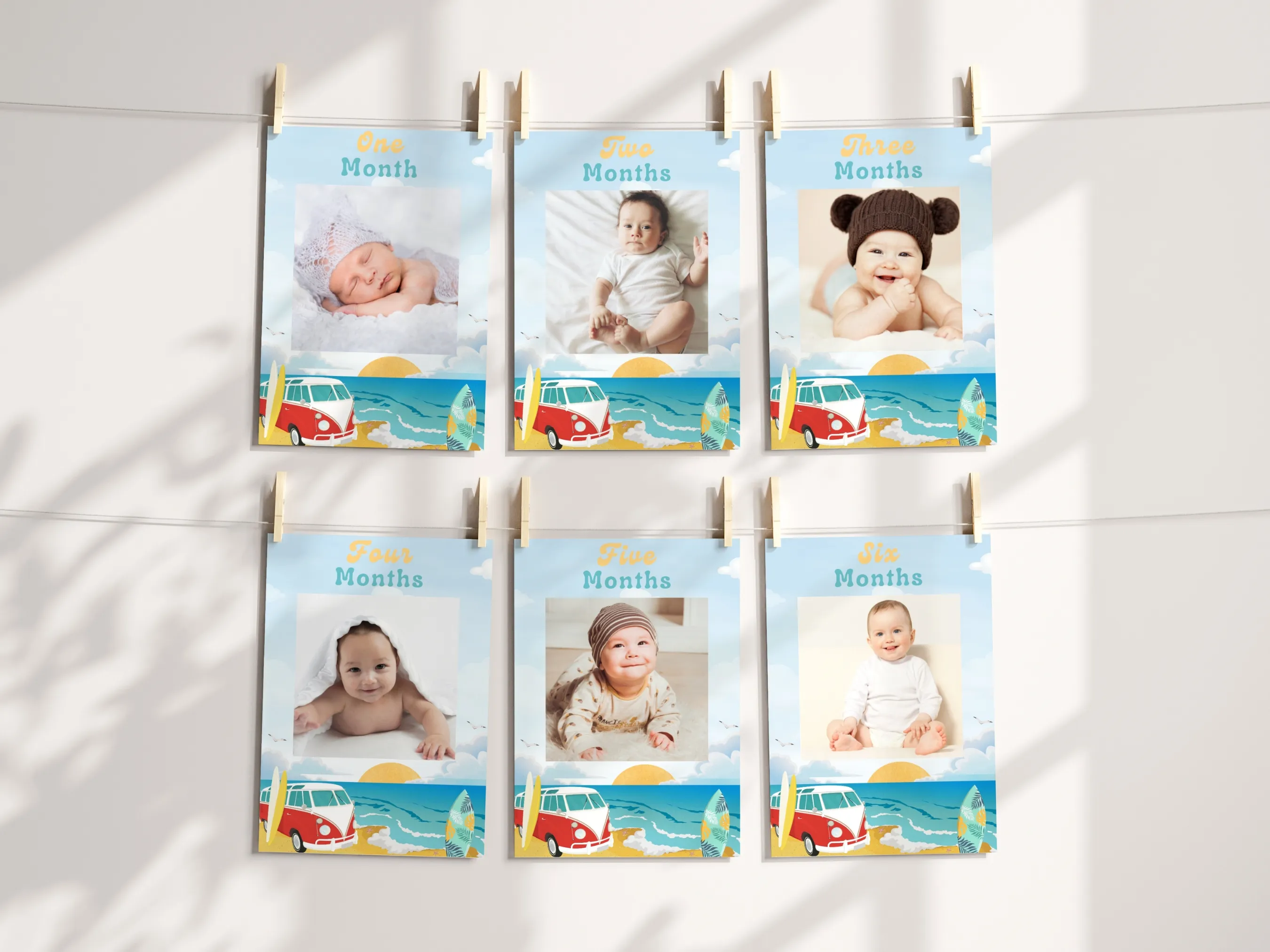 The Big One 1st birthday photo banner with surf baby milestone cards, editable Canva template for personalized beach-themed birthday decorations, digital download.