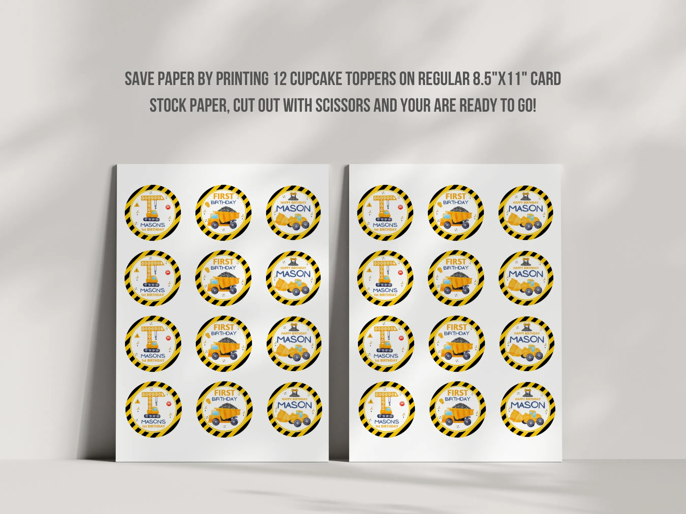 Construction Happy Birthday Cupcake Toppers | Excavator Truck “One” Cake Topper | Construction Birthday Cupcake Toppers | Editable Canva Template | Digital Download