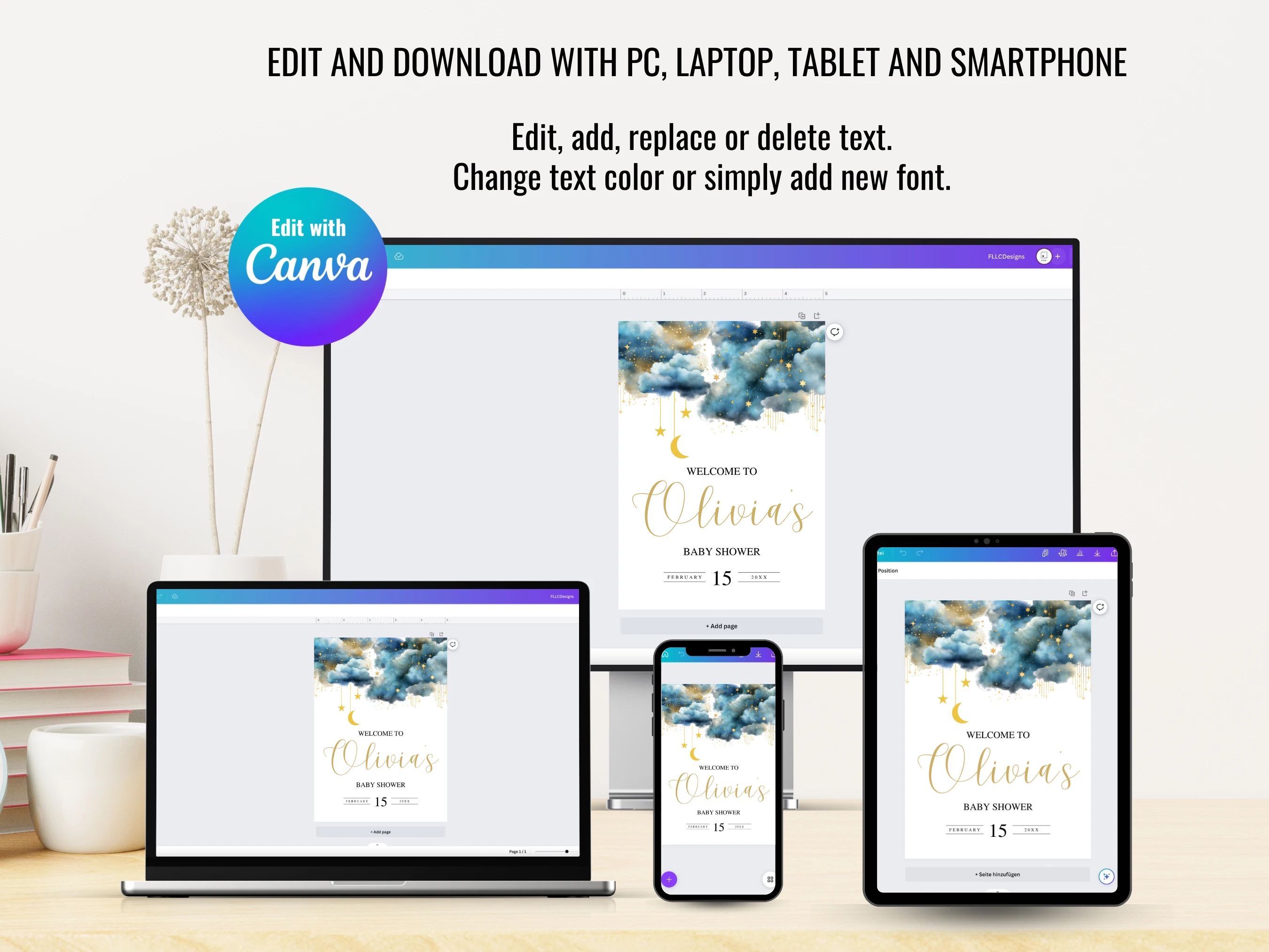 Twinkle Little Star Baby Shower Welcome Sign | Blue And Gold Over The Moon Welcome Board | Editable Canva Template | Digital Download