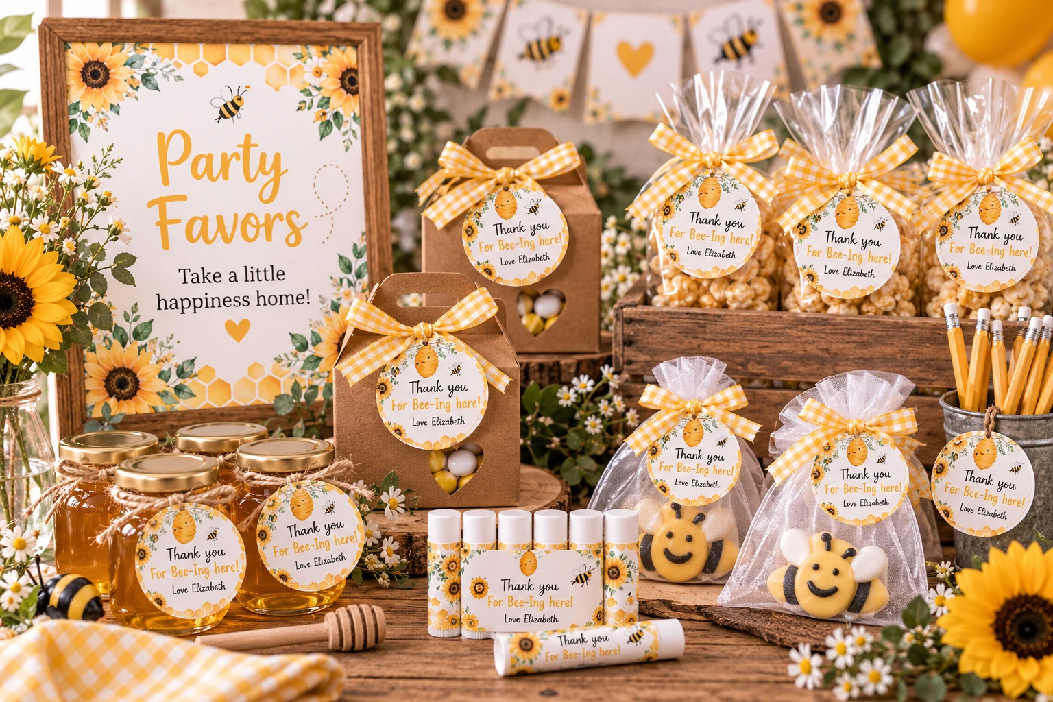 Sunflower and bee first birthday party favors with honey jars, treat bags, gift boxes and coordinated thank-you favor tags