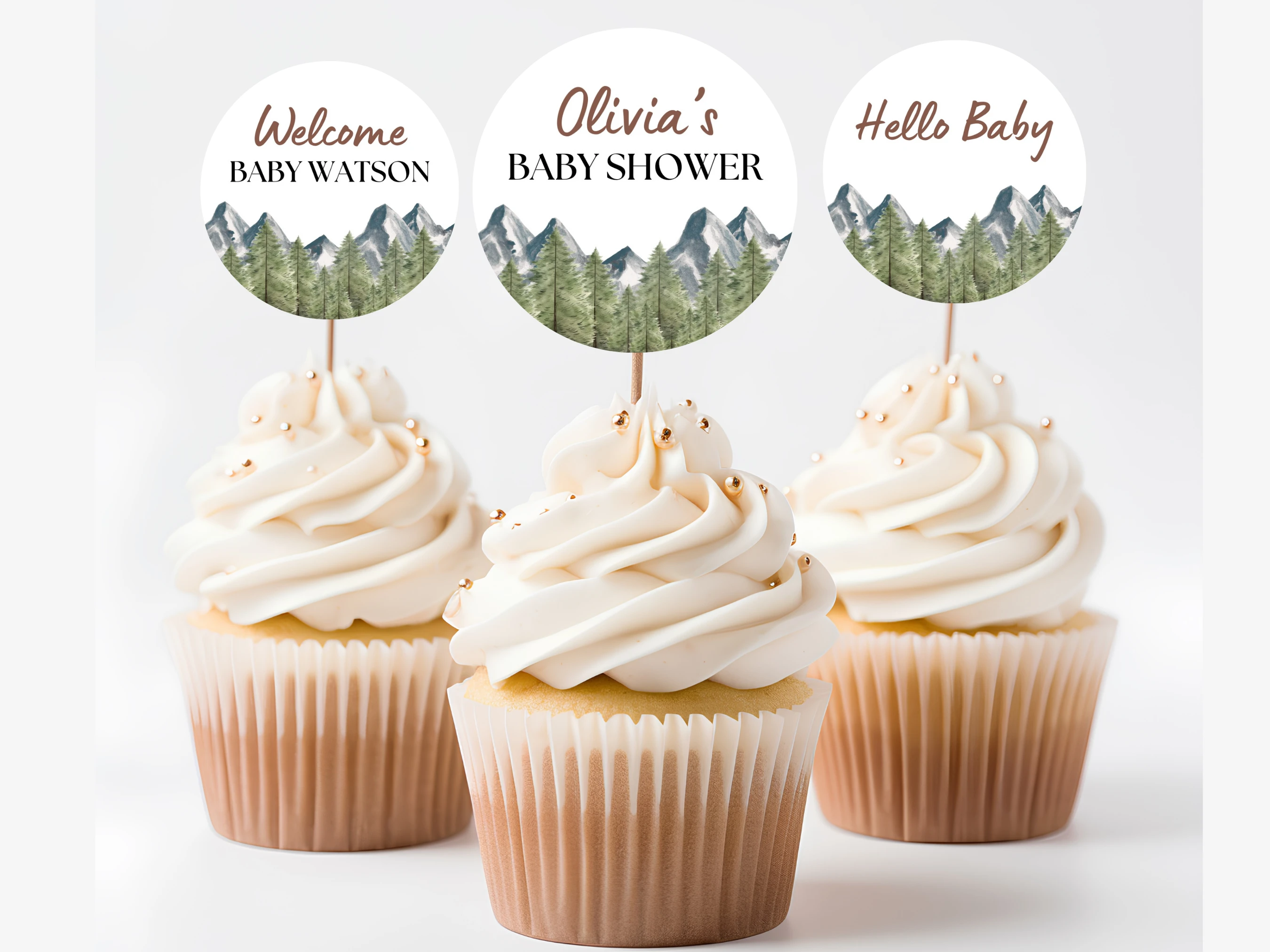 adventure awaits baby shower cupcake toppers printable, woodland baby shower cupcake toppers template, forest mountains baby shower cake topper, mountain baby shower cupcake topper, editable cupcake topper Canva