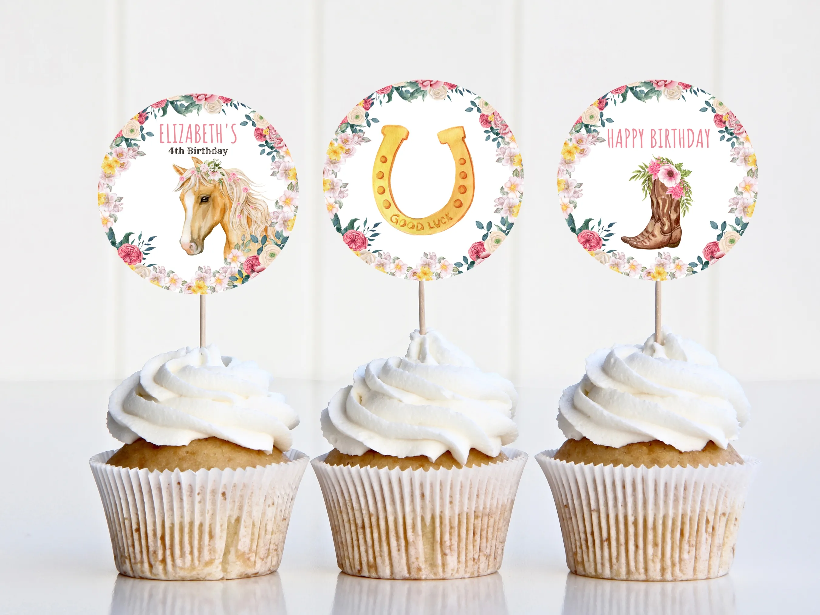 Horse party cupcake toppers with My First Rodeo and Little Pony “One” cake topper designs, editable Canva template by fllcdesigns