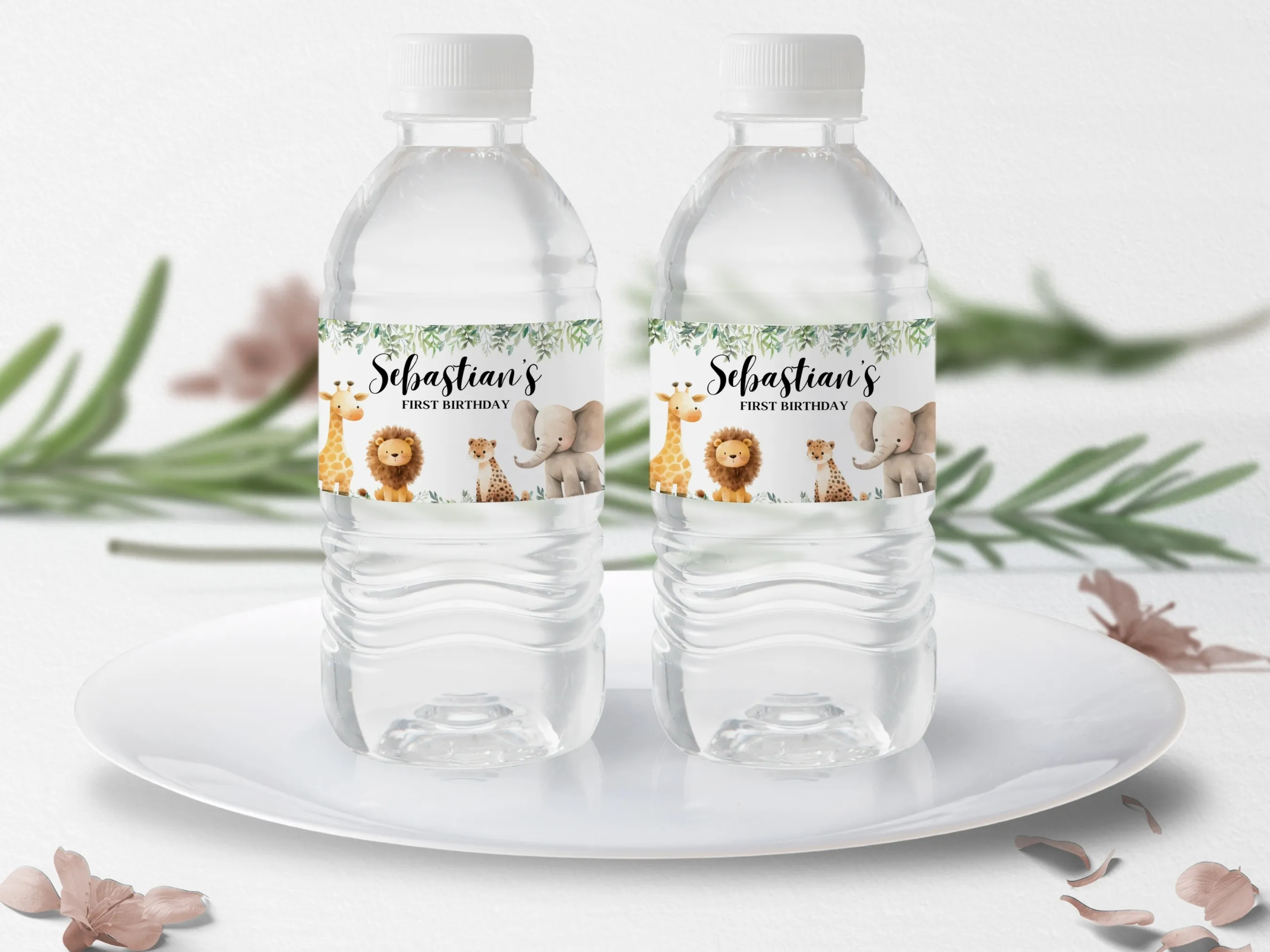 Wild One safari water bottle labels with jungle animal theme, editable bottle wraps and birthday bottle stickers by fllcdesigns