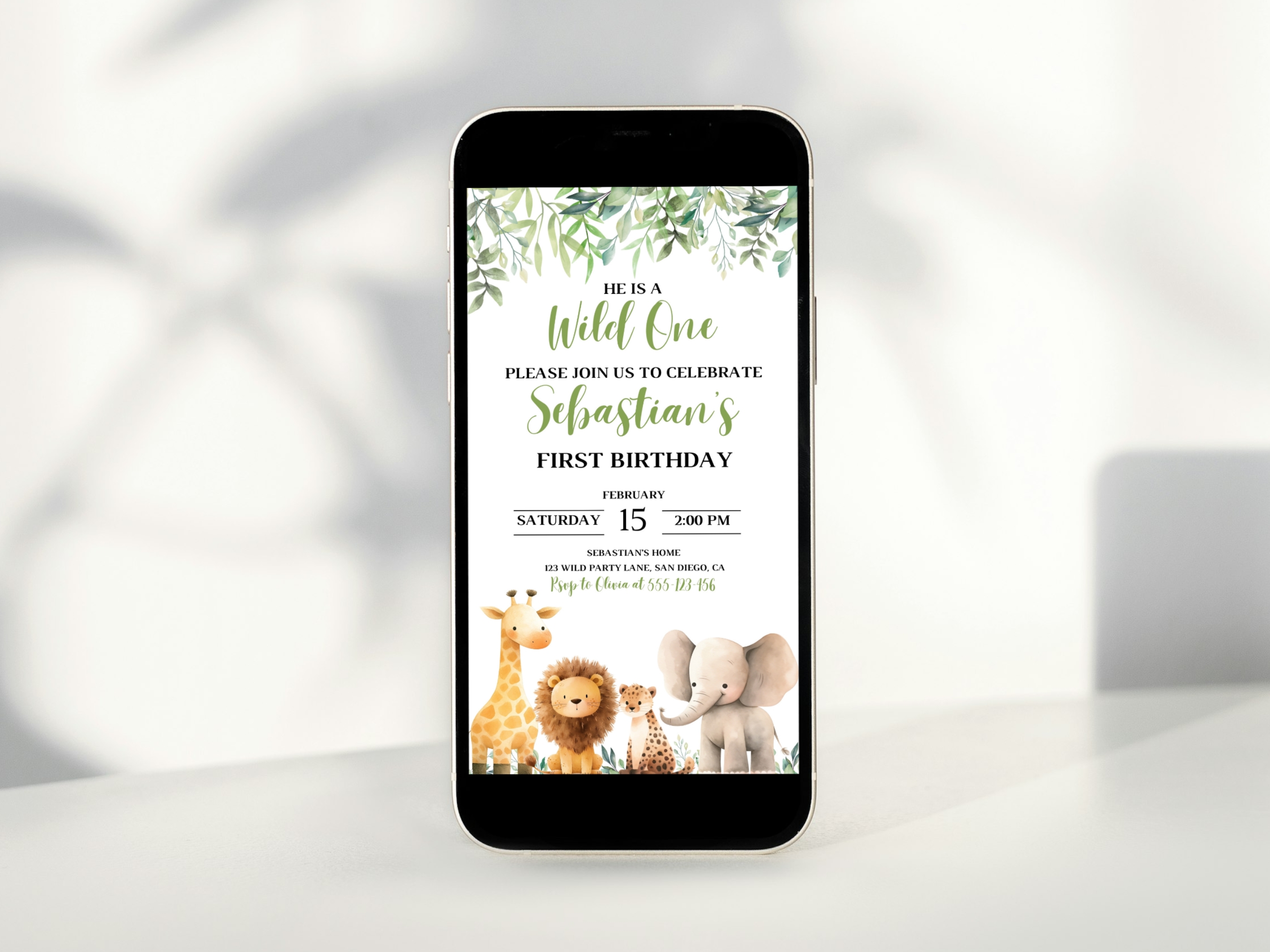 Wild One birthday mobile invitation with safari jungle theme, editable Canva template for kids’ wild animal party, digital download.