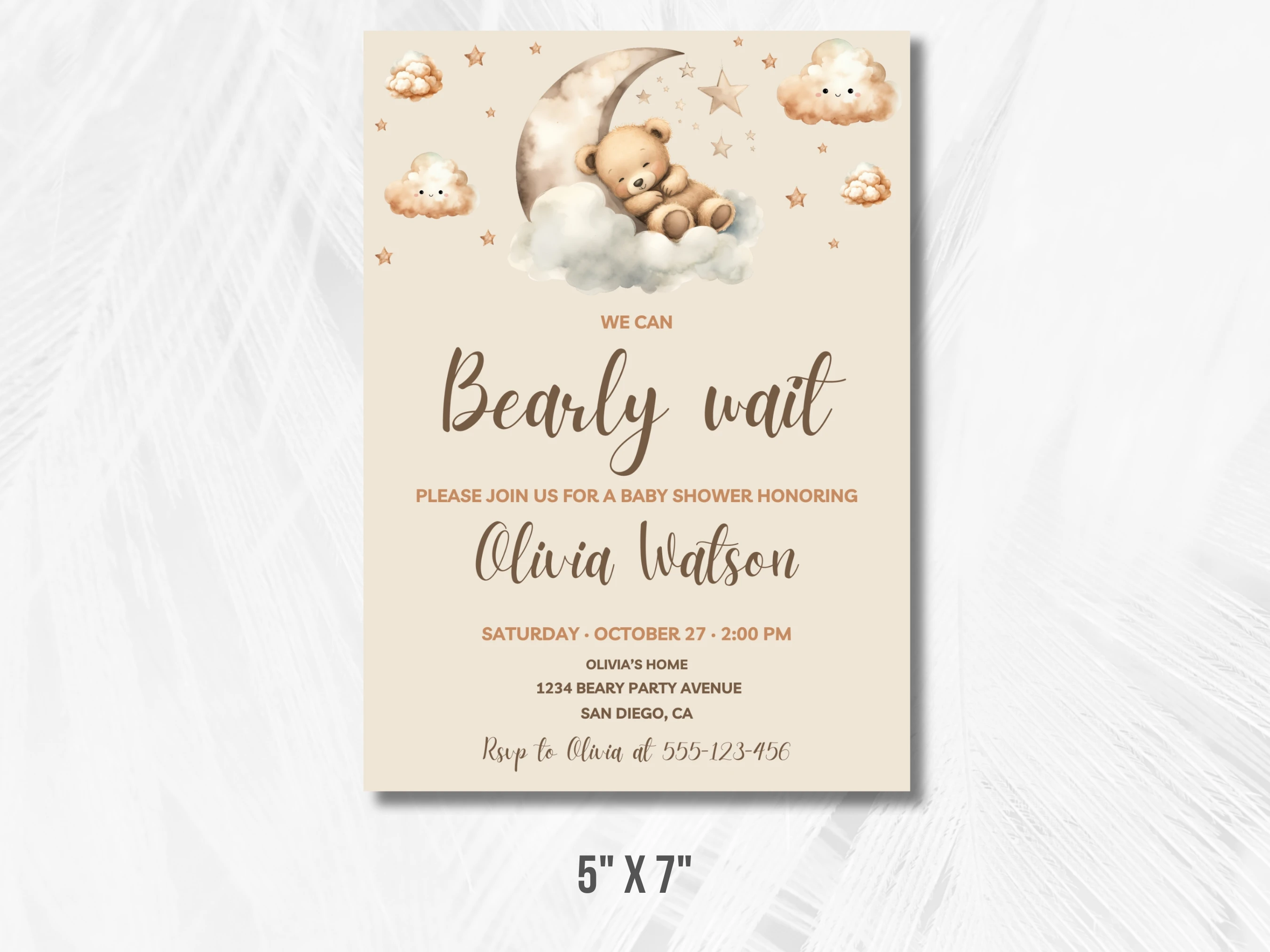 We Can Bearly Wait Baby Shower Invitation | Teddy Bear Baby Shower Invite | Moon and Clouds Boho Baby Shower Party | Editable Canva Template | Digital Download