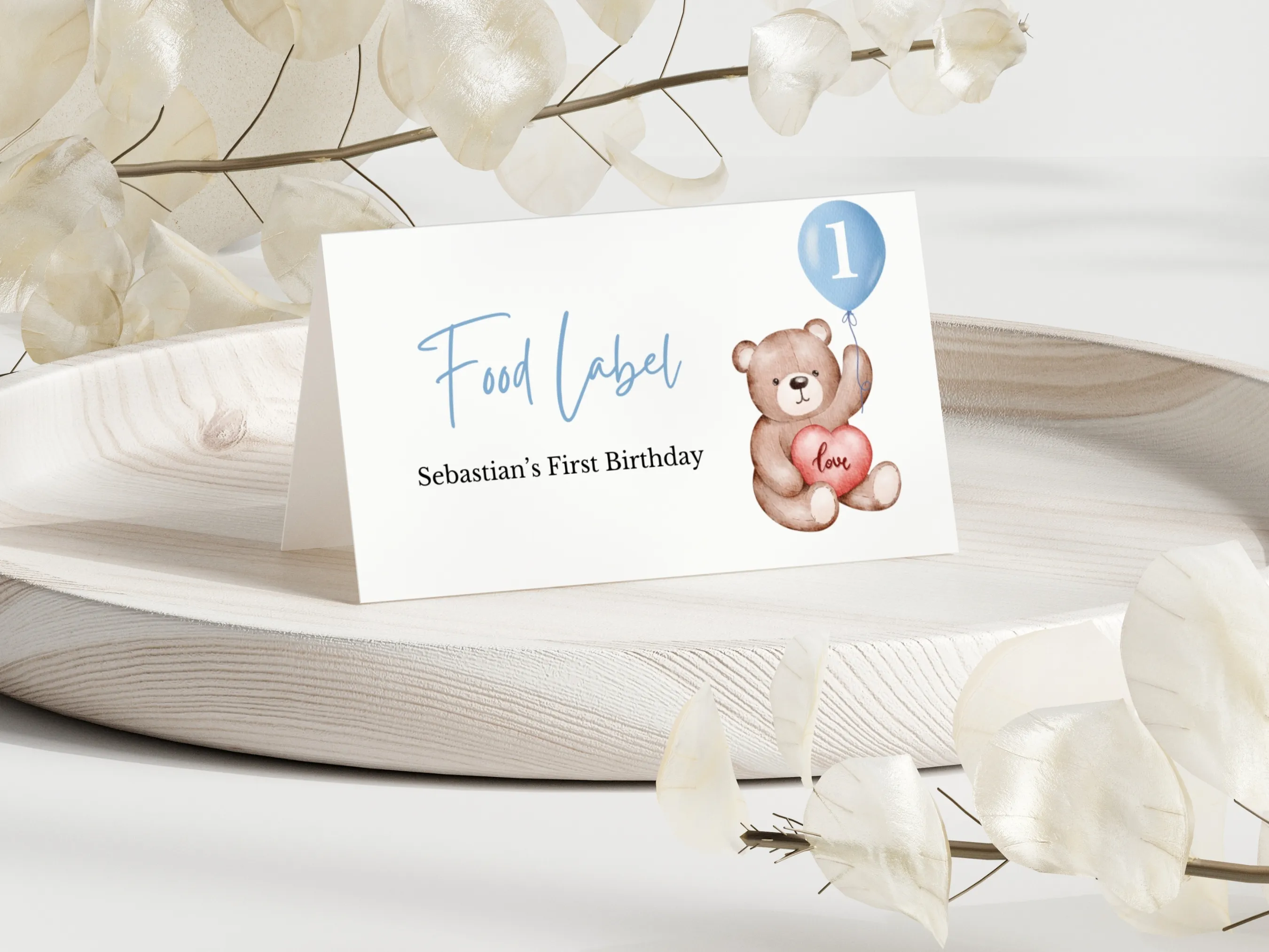 Teddy Bear 1st birthday food tent cards with cute bear design, editable seating place cards and table labels by fllcdesigns