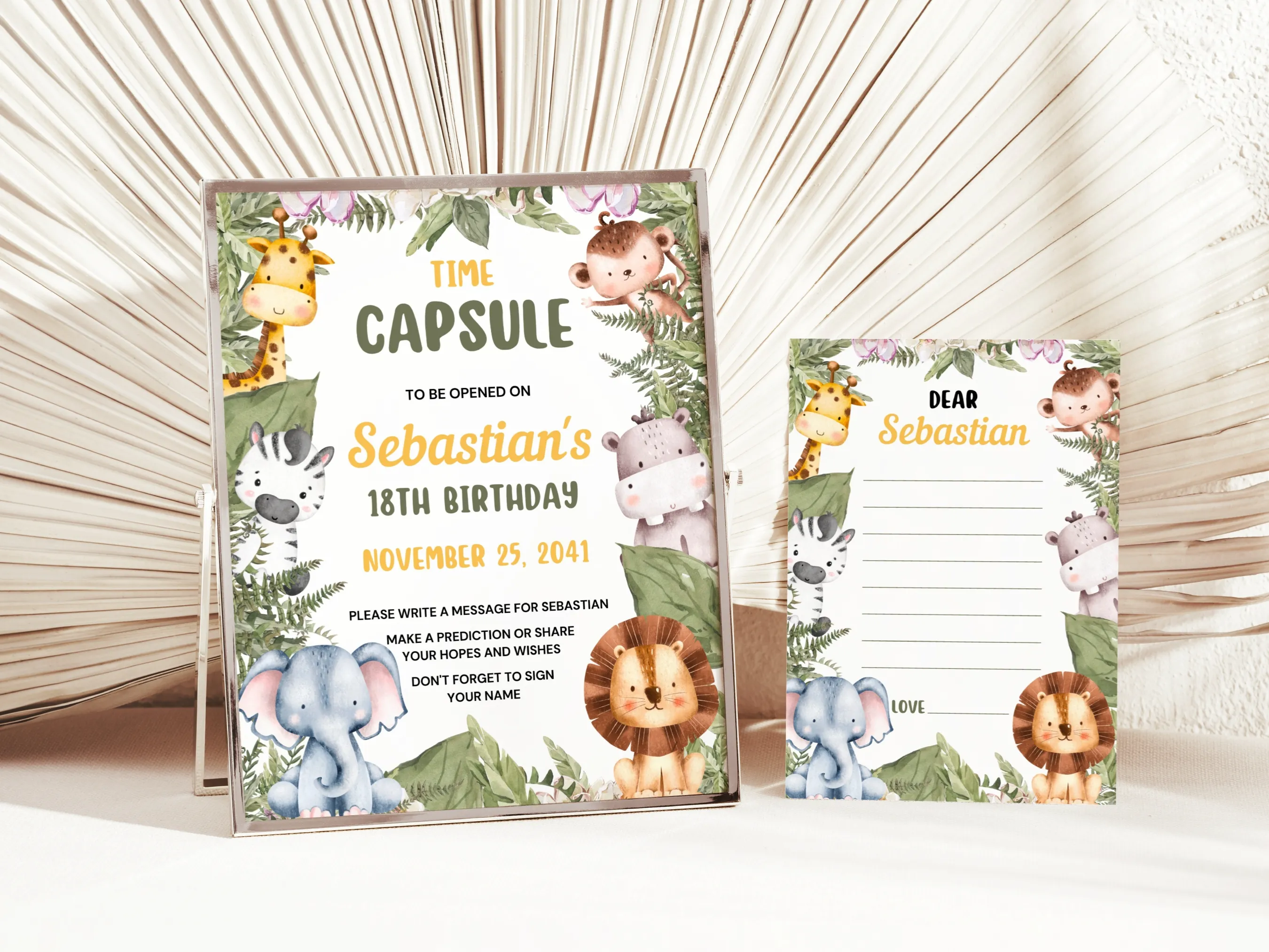Wild One birthday time capsule sign and wishes card with safari animals theme, editable Canva guest book template, digital download.