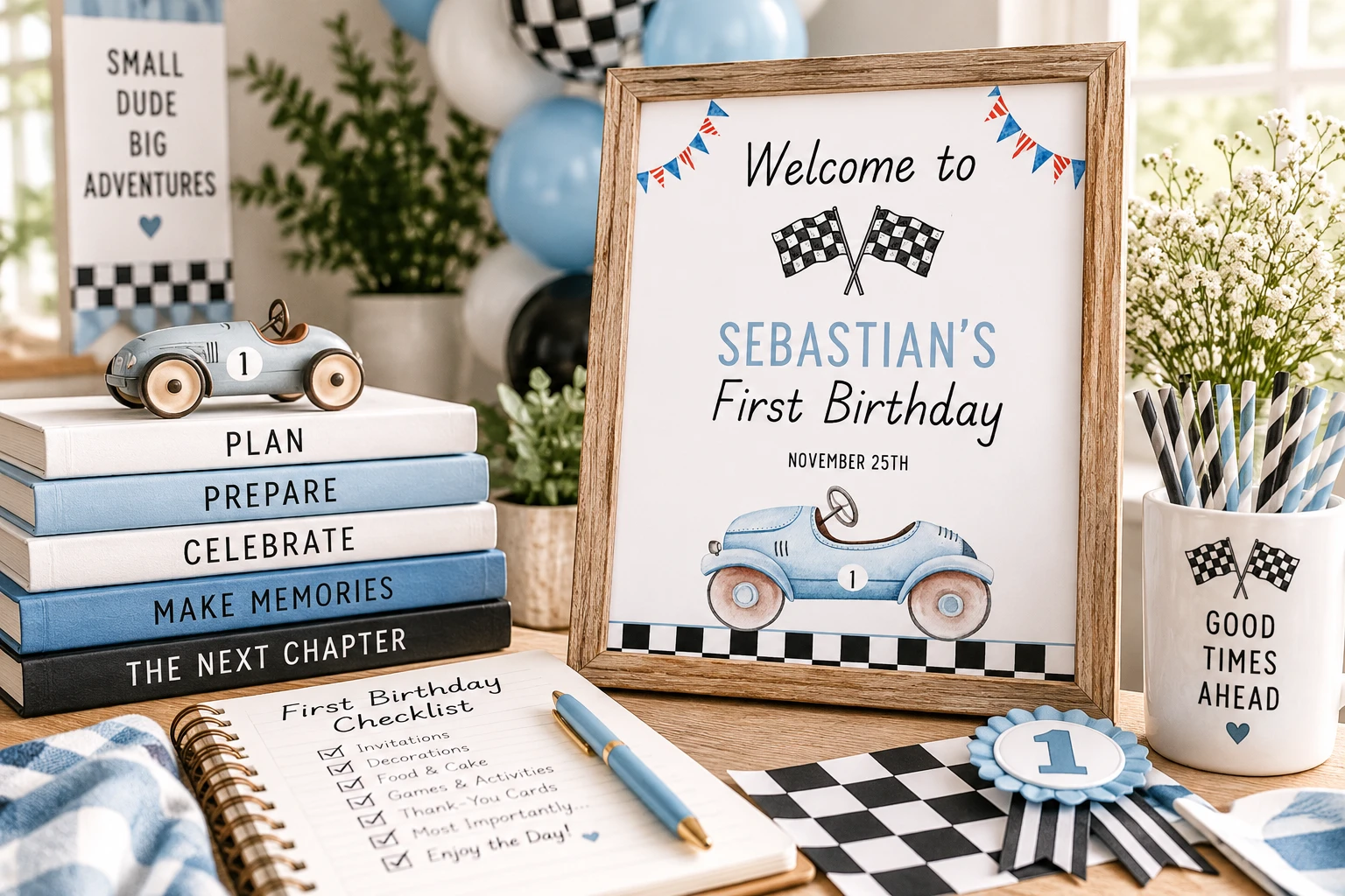 Fast One first birthday celebration with race car decorations, checkered flags, coordinated party details and first birthday planning elements
