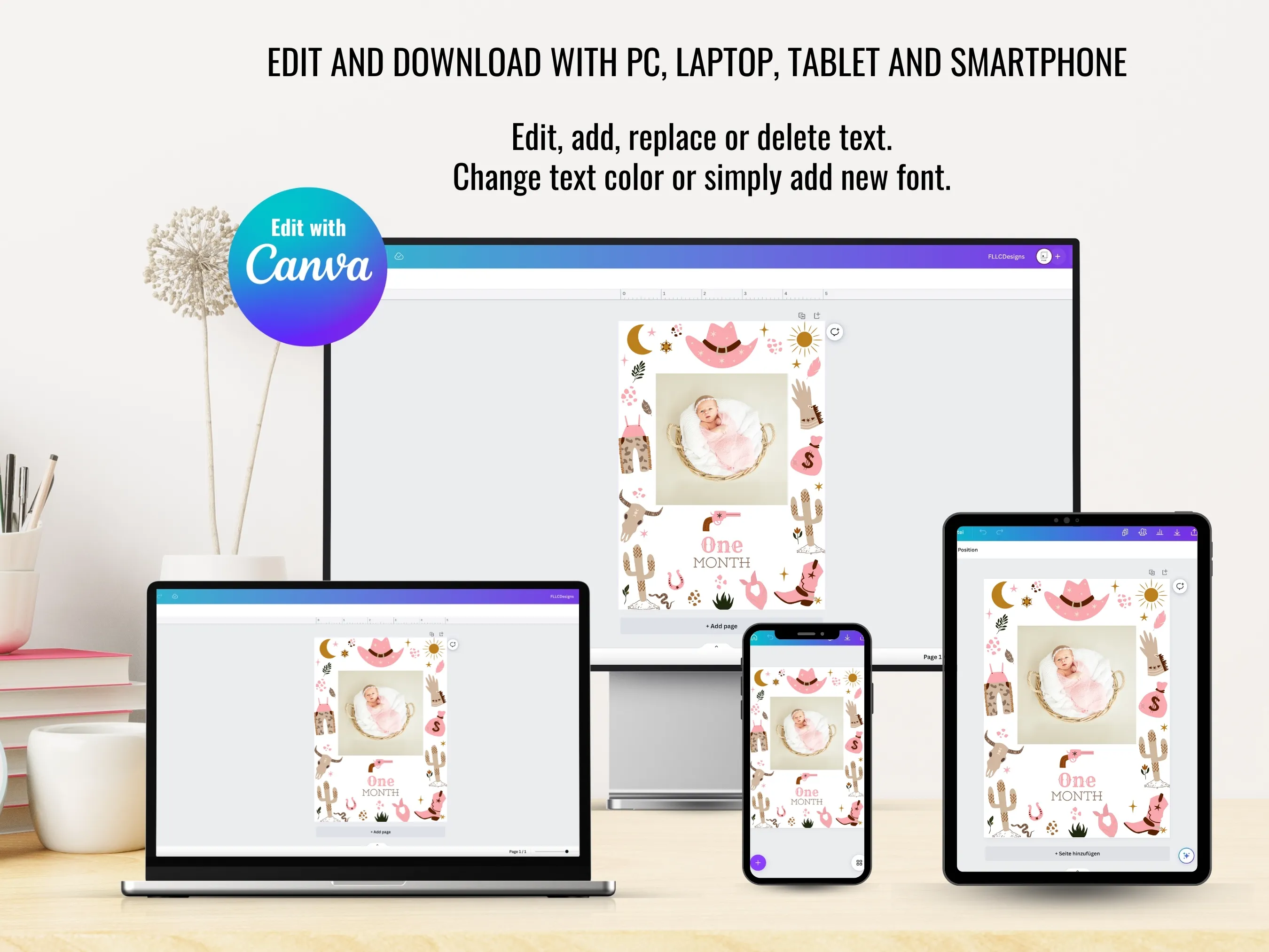 My First Rodeo Birthday Photo Banner | Cowgirl Western Milestone Cards | Editable Canva Template | Digital Download