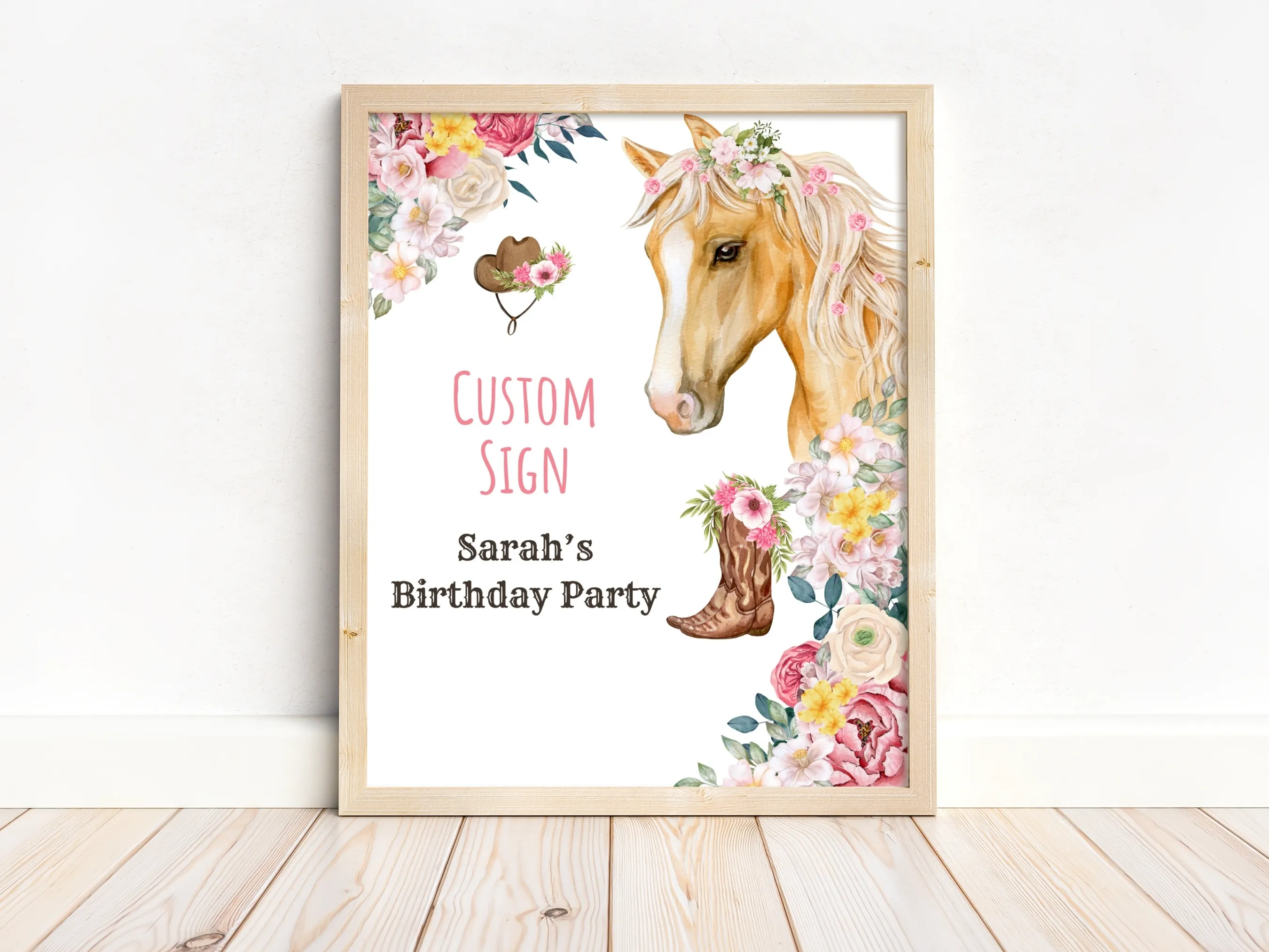 Horse birthday party cards and gifts sign with cowgirl and pony theme, customizable gift table and cookie table sign, editable Canva template by fllcdesigns