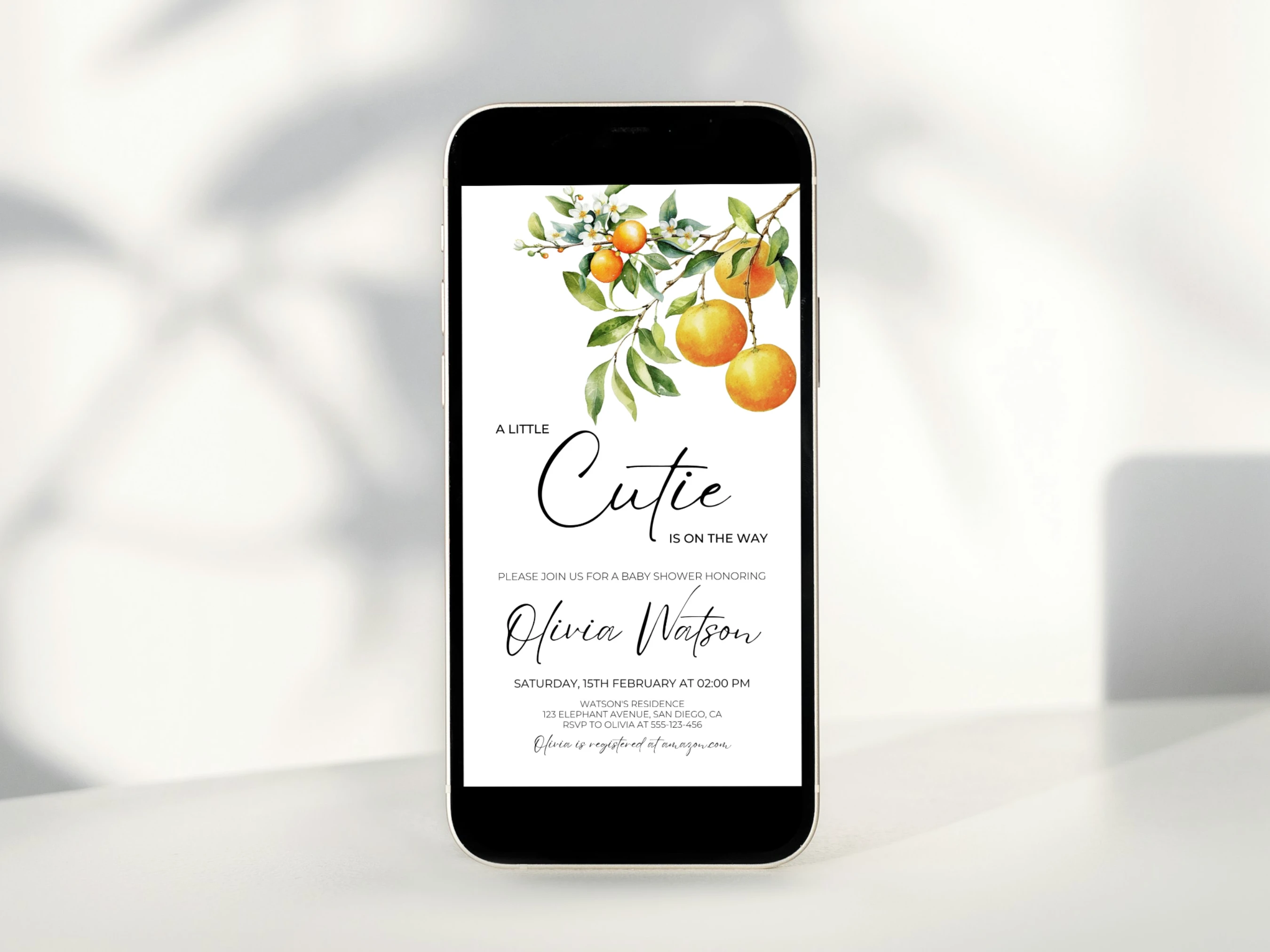 little cutie baby shower mobile invitation, orange baby shower invite, clementine baby shower invitation template, printable baby shower invite, editable baby shower invitation Canva