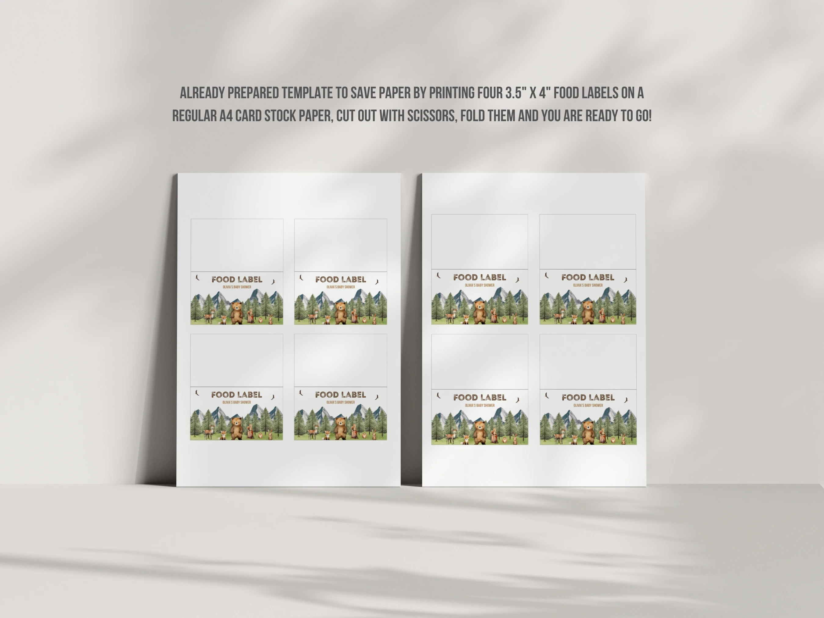 Woodland Baby Shower Place Cards | Forest Animals Mountain Seating Cards For Baby Boy | Editable Canva Template | Digital Download