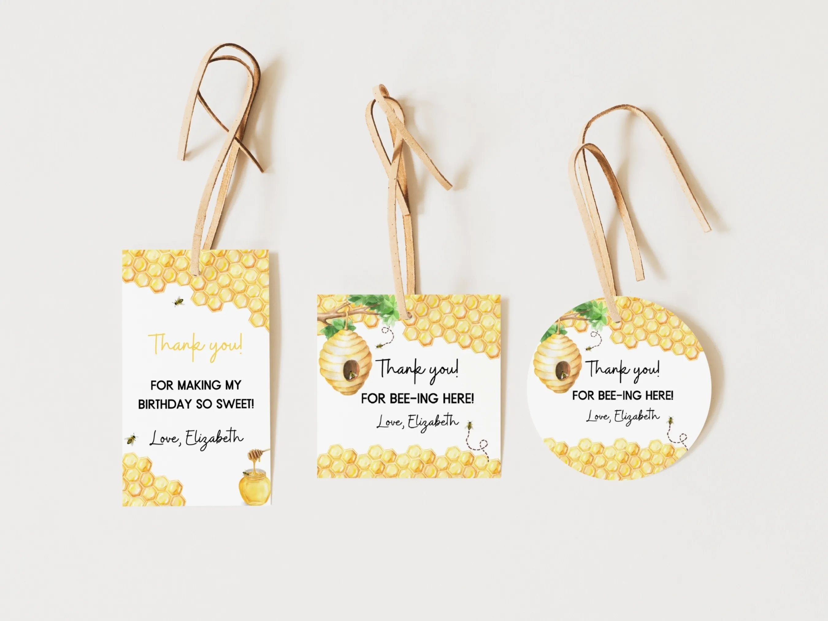First Bee Day birthday thank you tags with bumble bee design, yellow bee party favor labels, editable Canva template by fllcdesigns