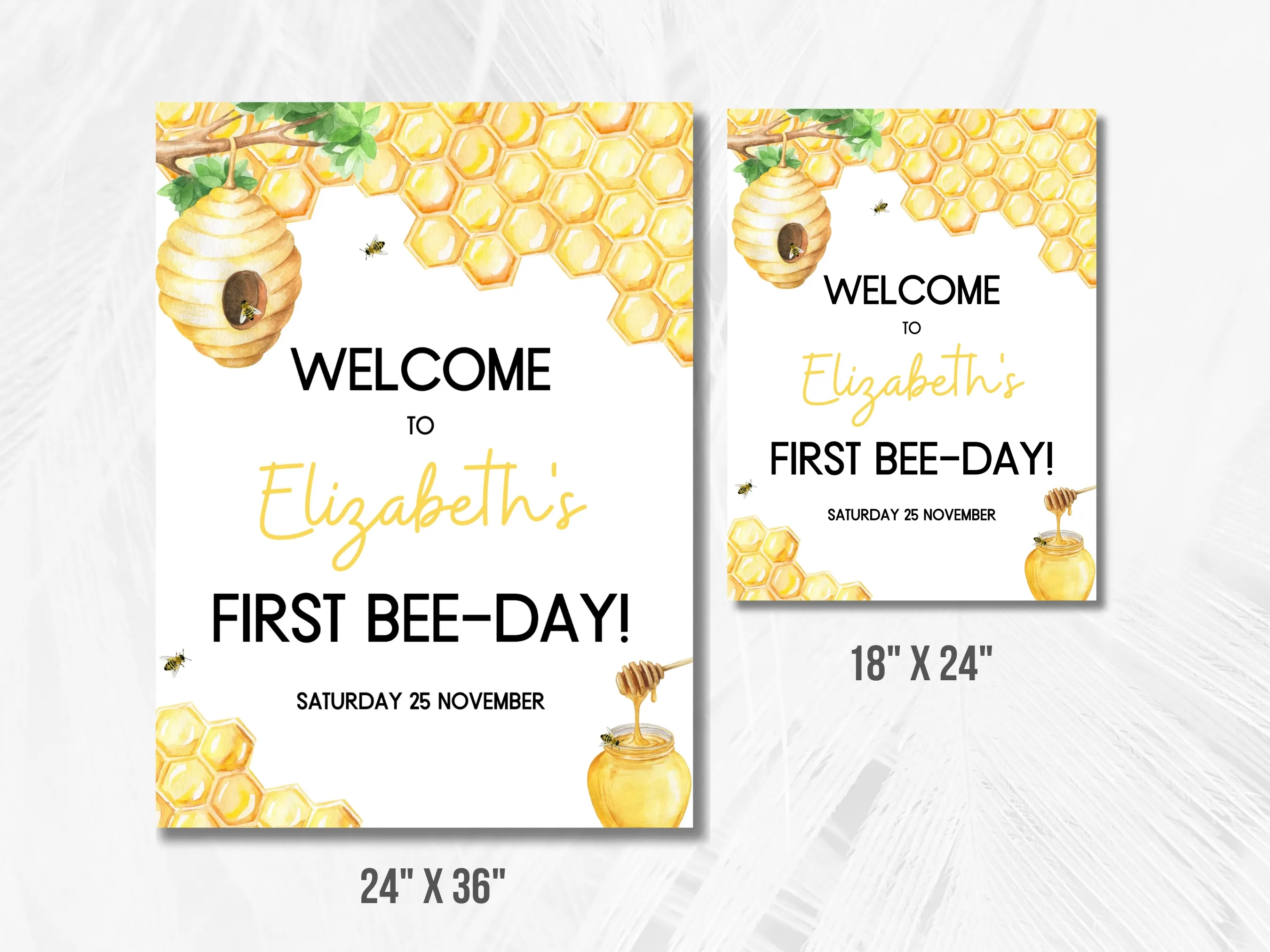 First Bee Day Birthday Welcome Sign | Honey Bee Party Welcome Board | 1st Birthday Entrance Poster | Editable Canva Template | Digital Download