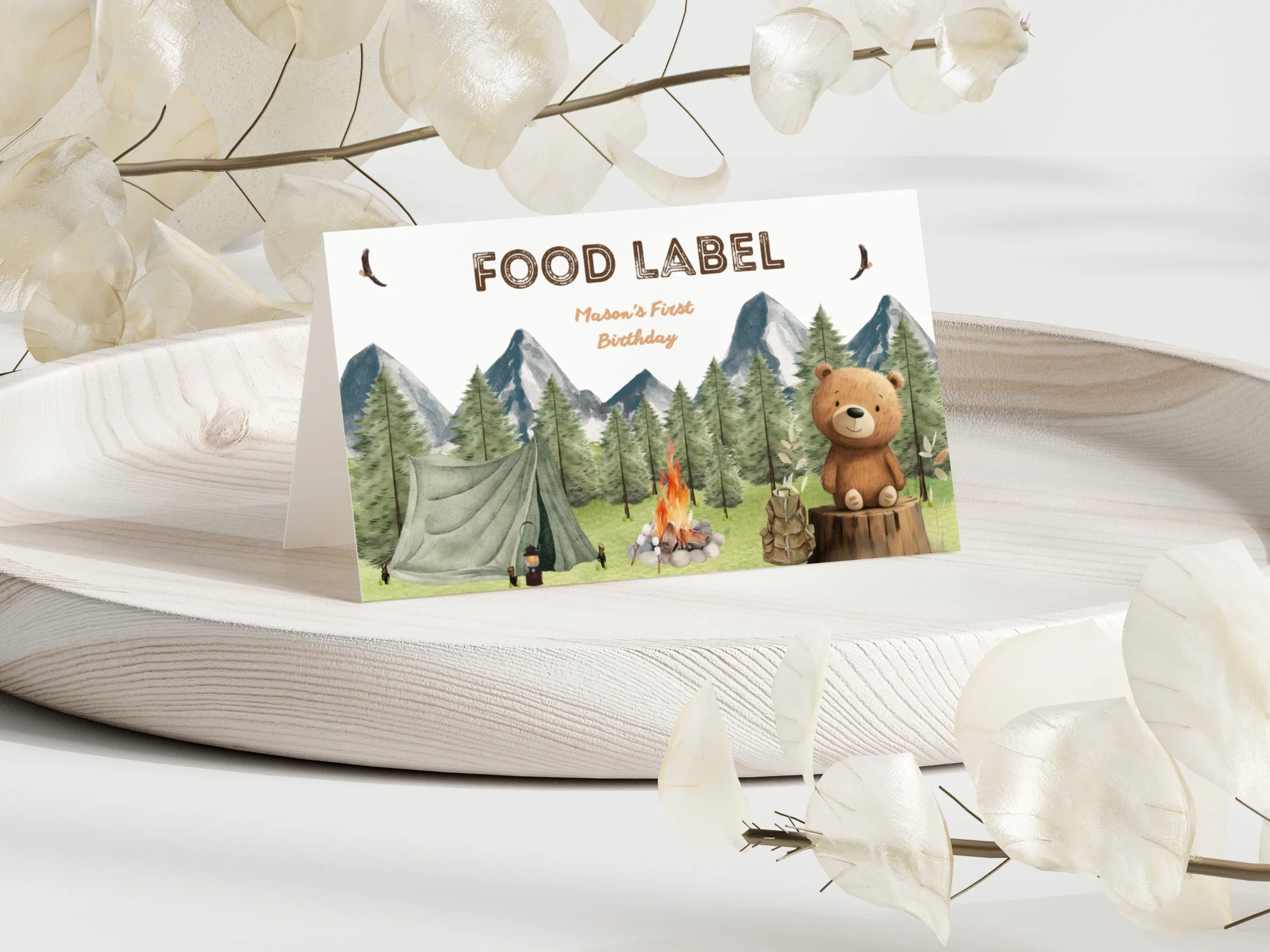 One Happy Camper food tent cards with woodland camping theme, editable seating cards and table labels by fllcdesigns