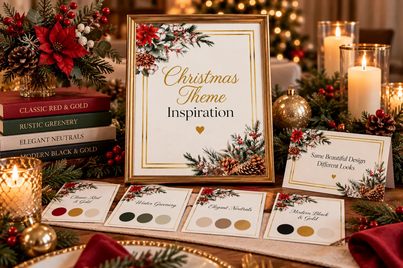 Christmas theme and colour inspiration with coordinated red, green, gold, neutral and black holiday palettes