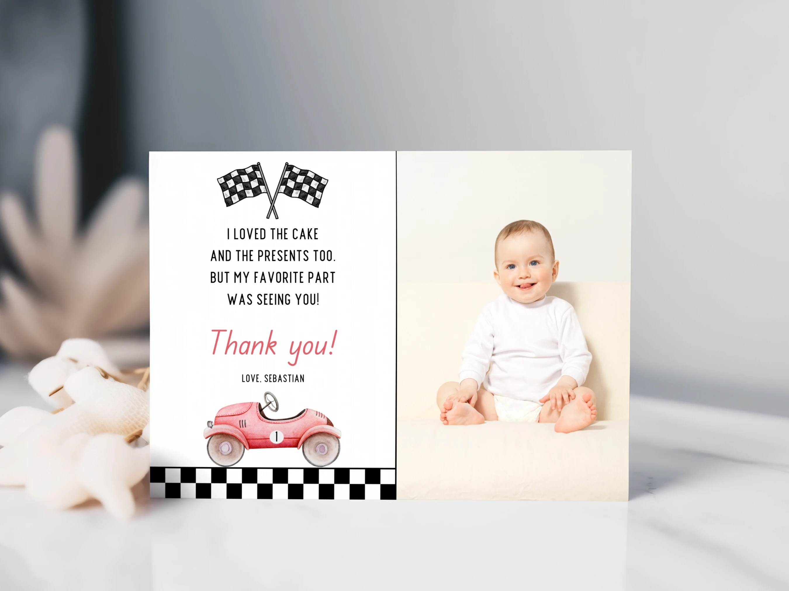 fast one thank you card, racing birthday thank you note, birthday thank you card with photo, race car thank you note, printable kids thank you card