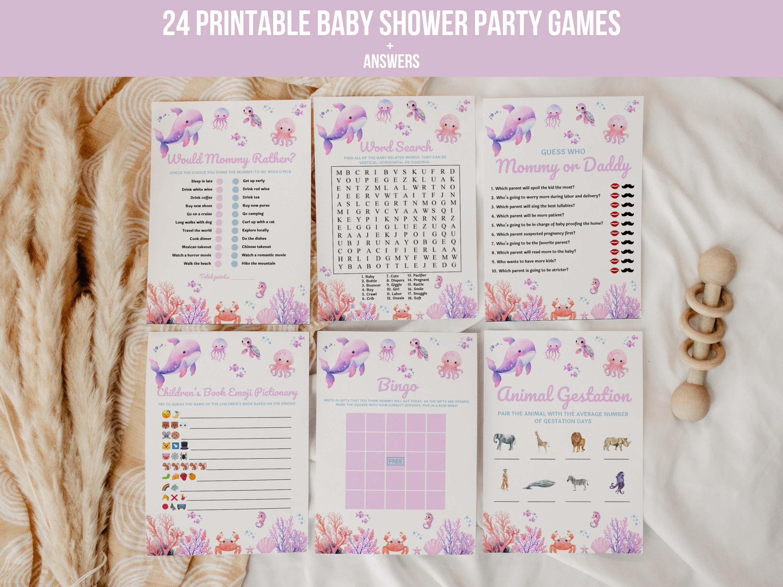 under the sea baby shower games bundle, pink girl baby shower bingo printable games, 24 printable baby shower games bundle, ocean baby shower games, editable baby shower games Canva