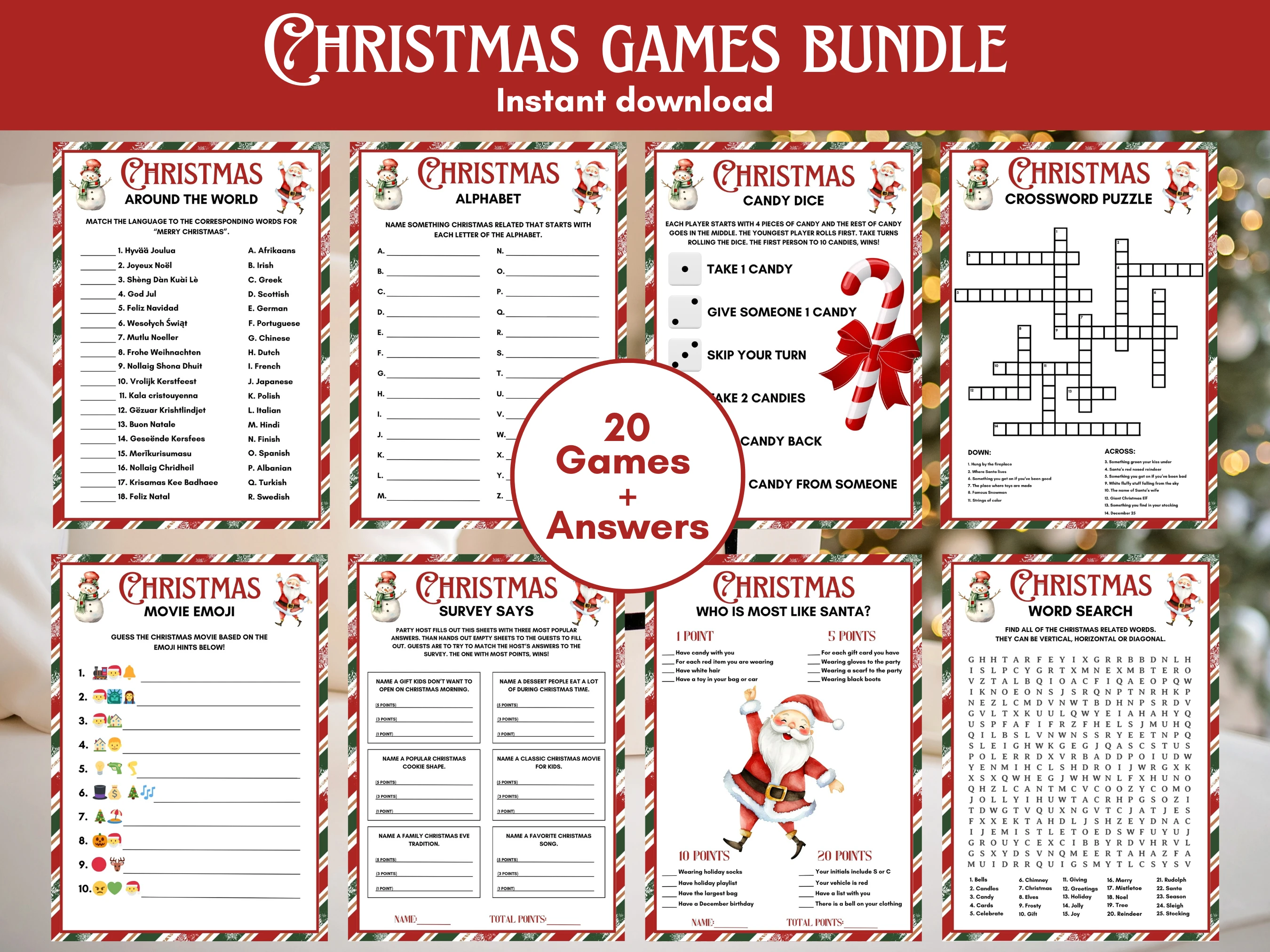Printable Christmas games bundle with 20 family party games including Christmas trivia, word scramble, alphabet, crossword, word search, movie emoji, survey game and answer sheets