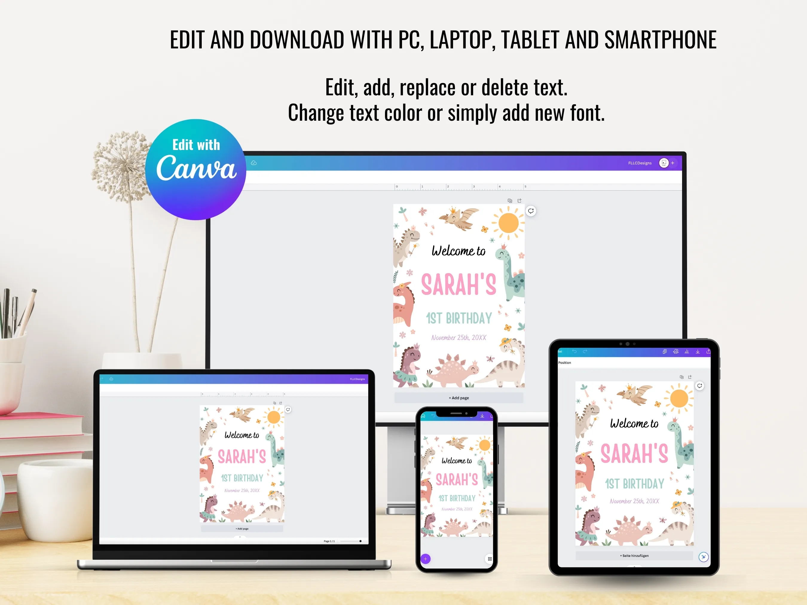 Pink Baby Dinosaur 1st Birthday Welcome Sign | Girl Dino Party Welcome Board | Jurassic Birthday Entrance Poster | Editable Canva Template | Digital Download