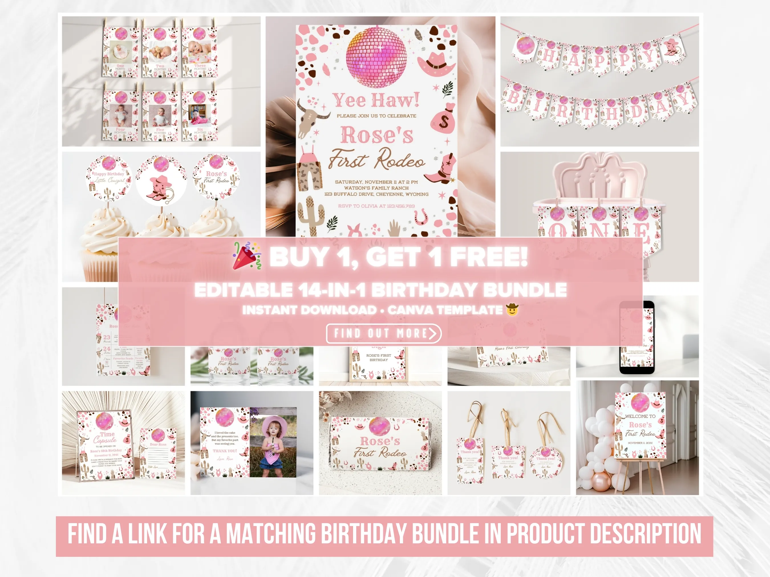 Space Cowgirl First Rodeo Birthday Mobile Invitation | Disco Western Evite | Editable Canva Template | Digital Download