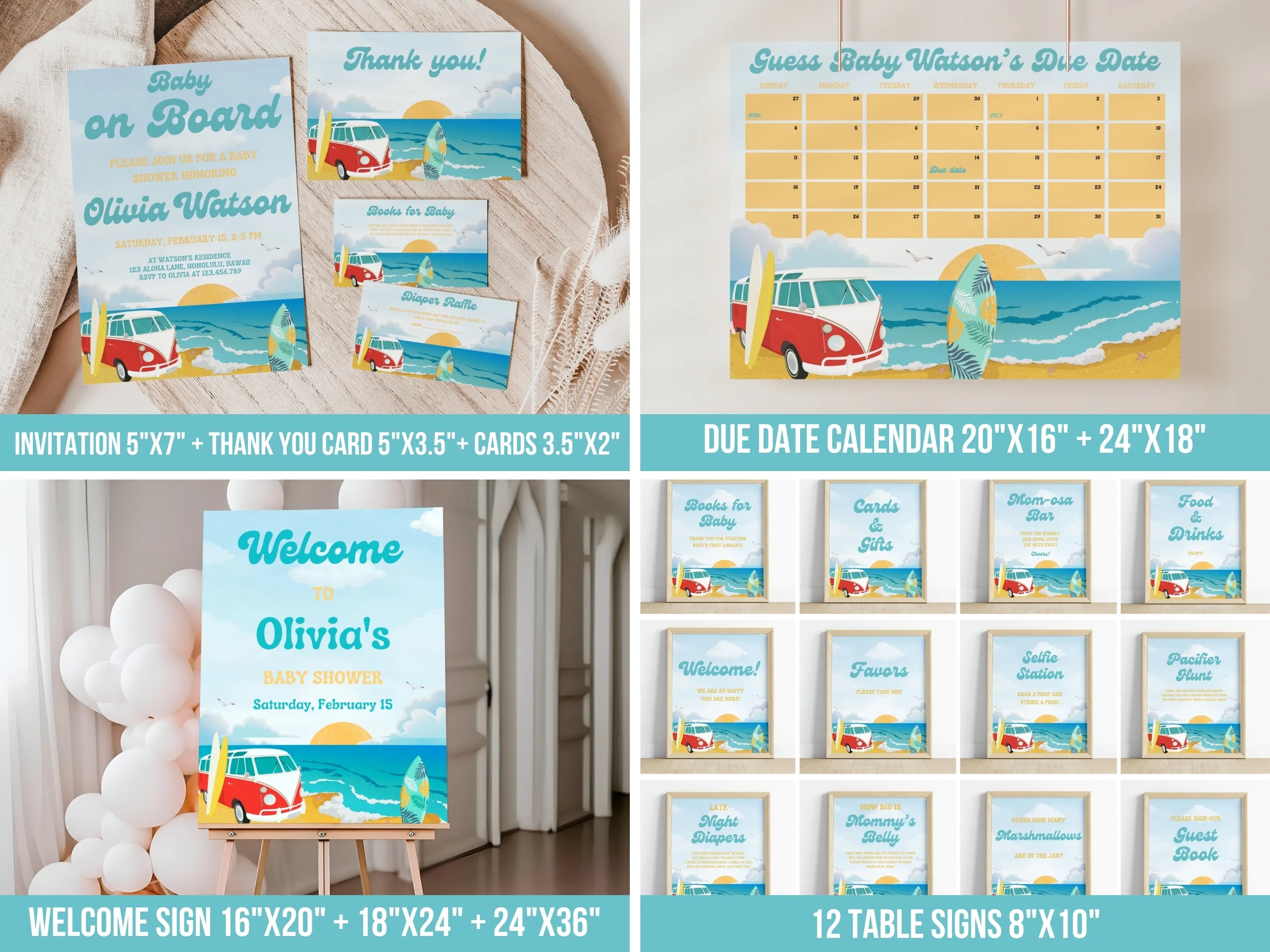 Baby On Board Baby Shower Bundle | Surf Editable Canva Templates | Tropical Beach Theme | Digital Download