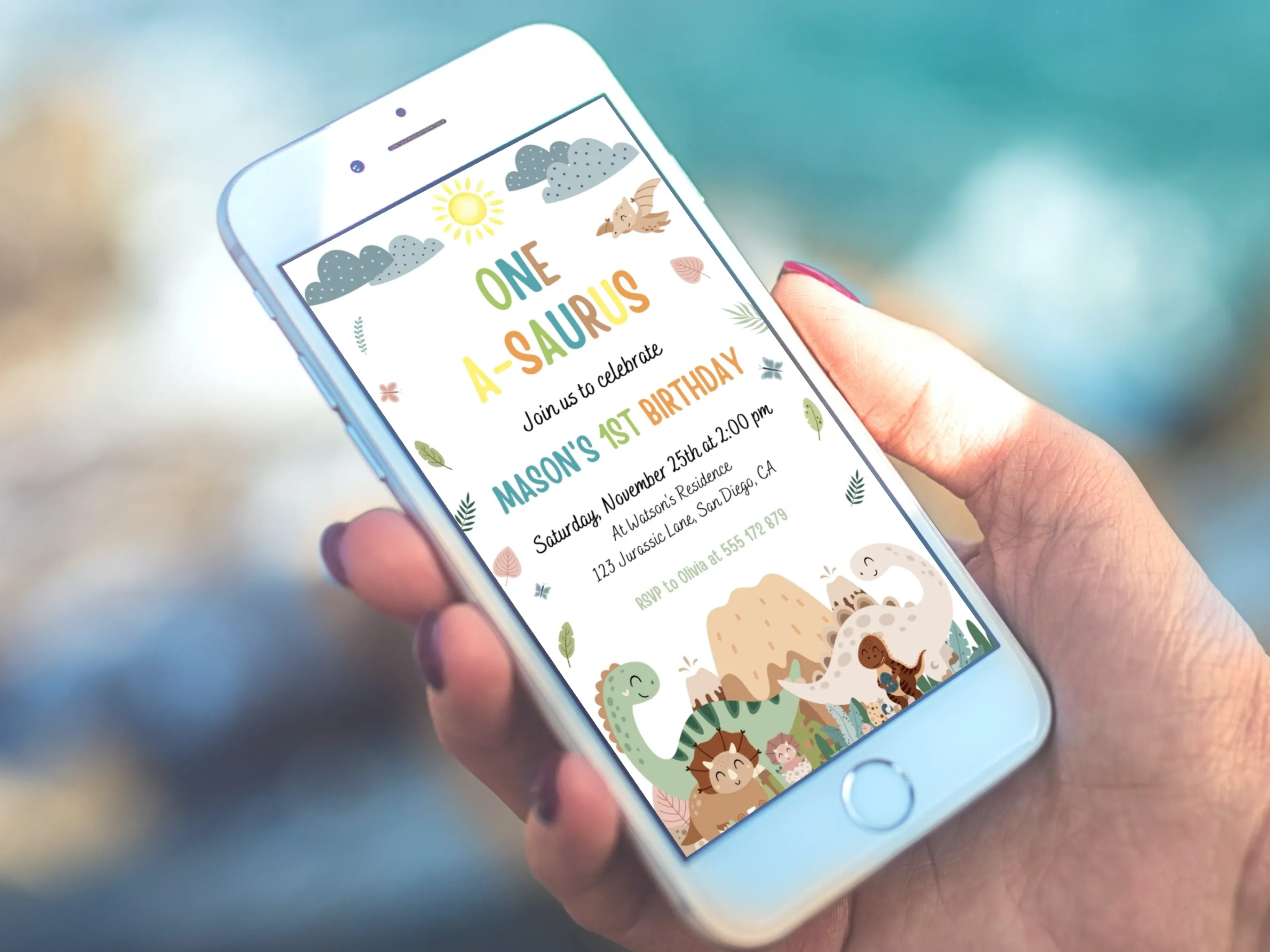 Baby Boy Dinosaur 1st Birthday Evite | Dino Party Mobile Invitation | Editable Canva Template | Digital Download