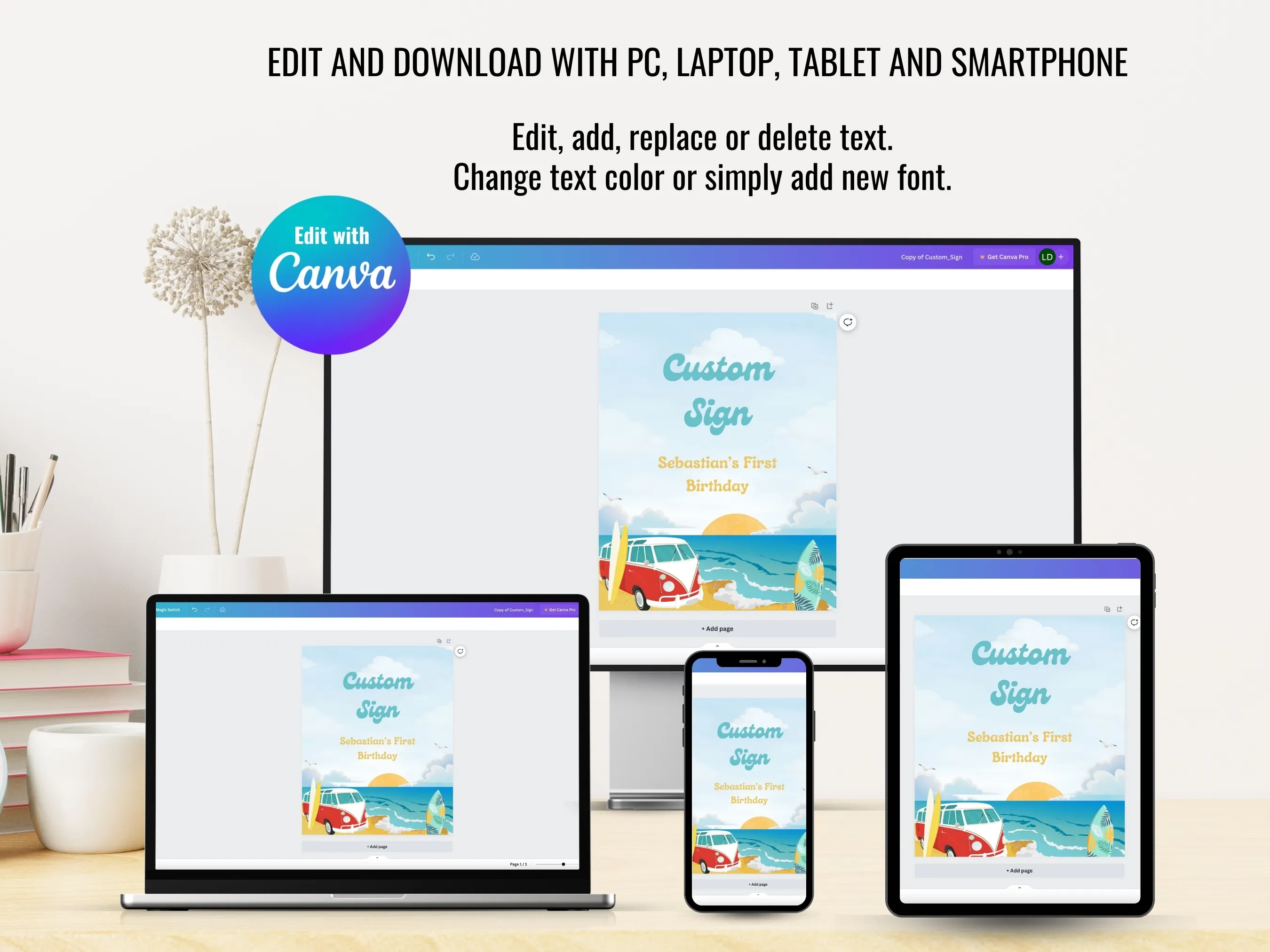 The Big One Custom Birthday Sign | Surf Decor Gift Table Sign | Beach Party Cards & Gifts Sign | Editable Canva Template | Digital Download