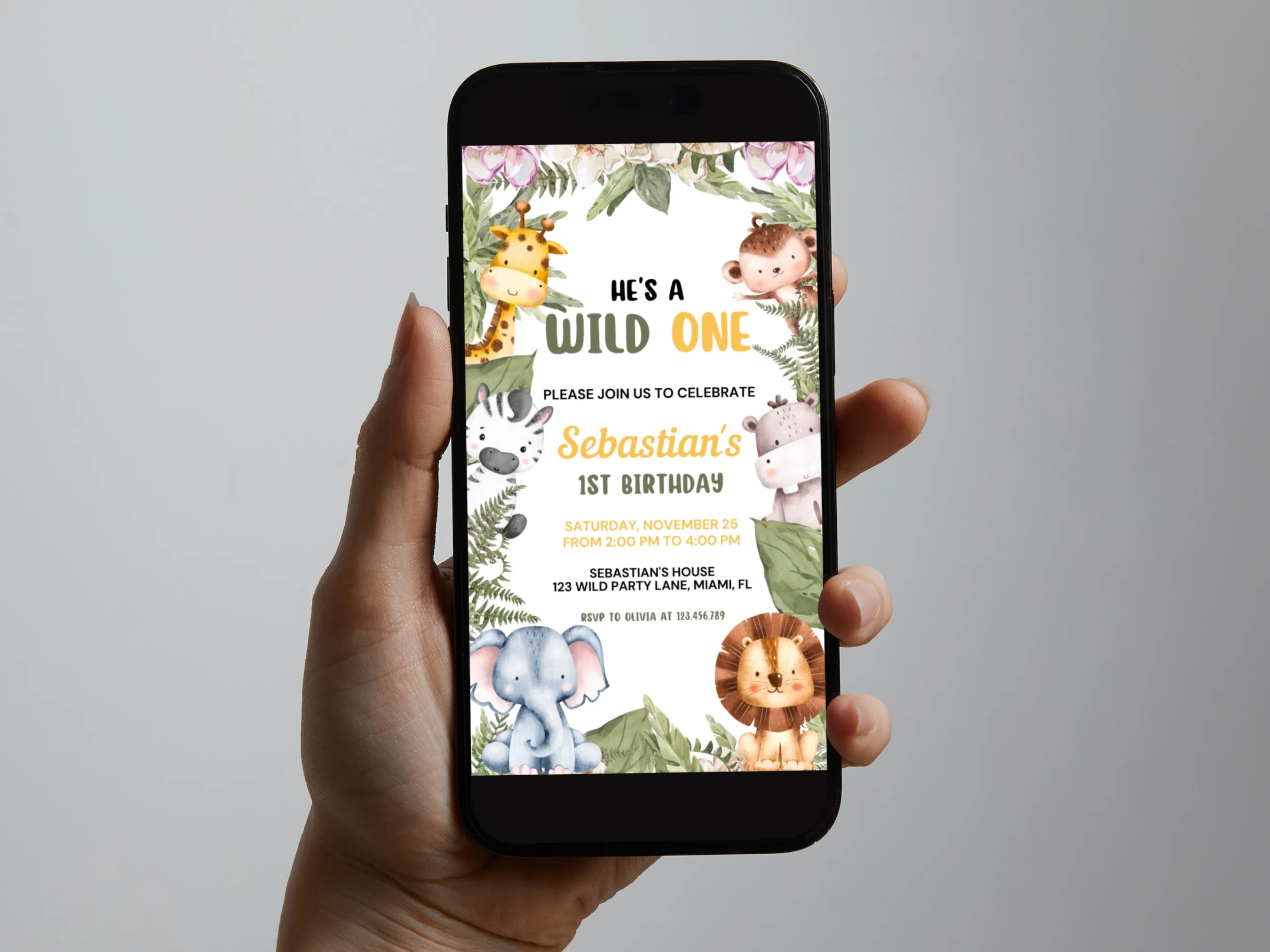 Wild One Safari Birthday Mobile Invitation | Jungle Animals Evite | Editable Canva Template | Digital Download