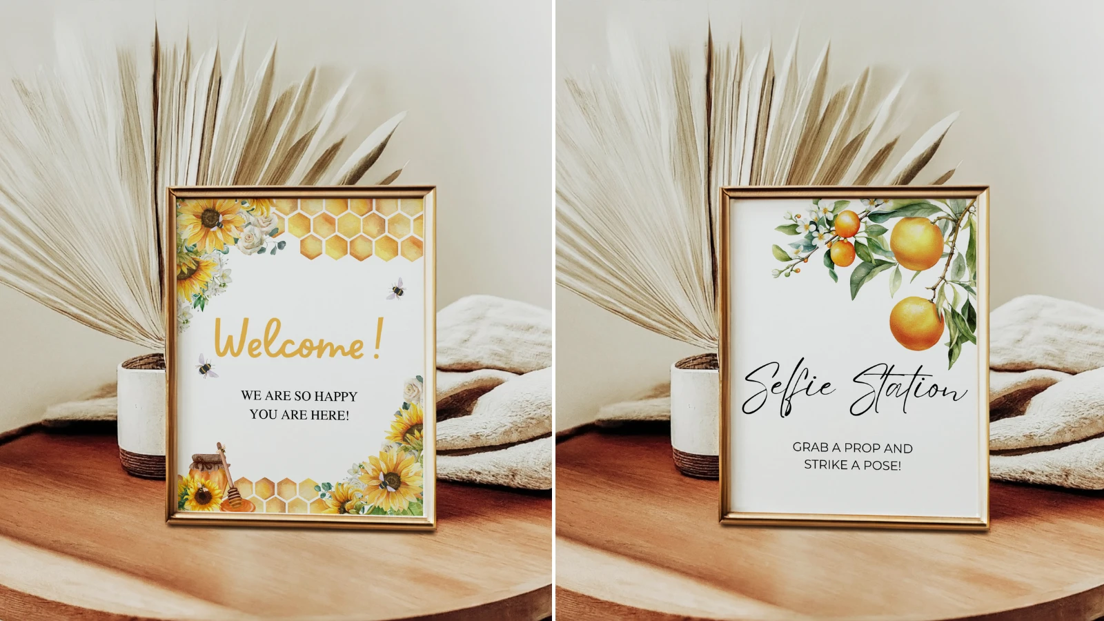 Printable baby shower table signs set including welcome sign, cards and gifts and selfie station – editable Canva templates – fllcdesigns