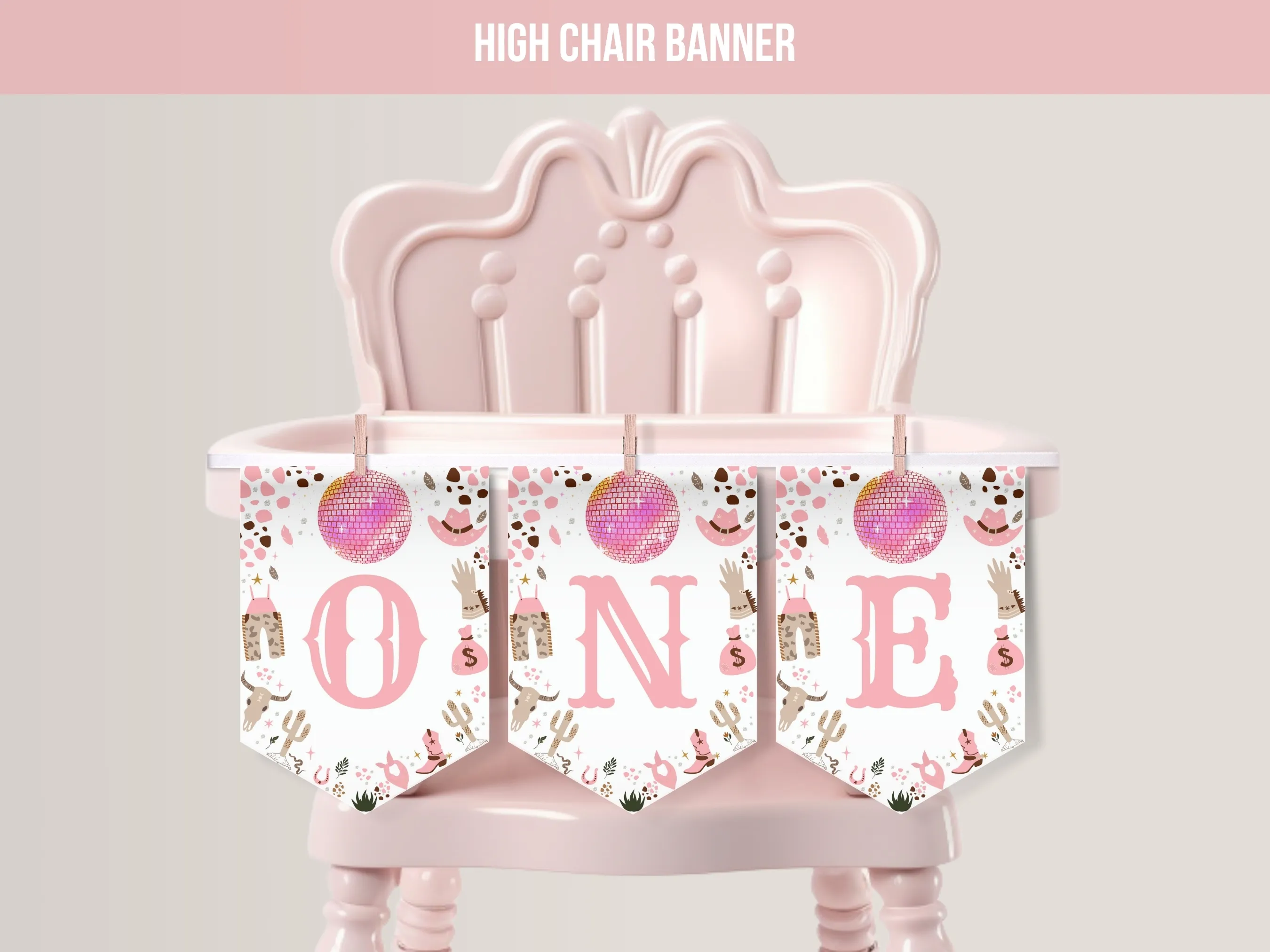 Disco Cowgirl My First Rodeo high chair banner with space cowgirl theme, customizable “One” birthday banner, editable Canva template by fllcdesigns