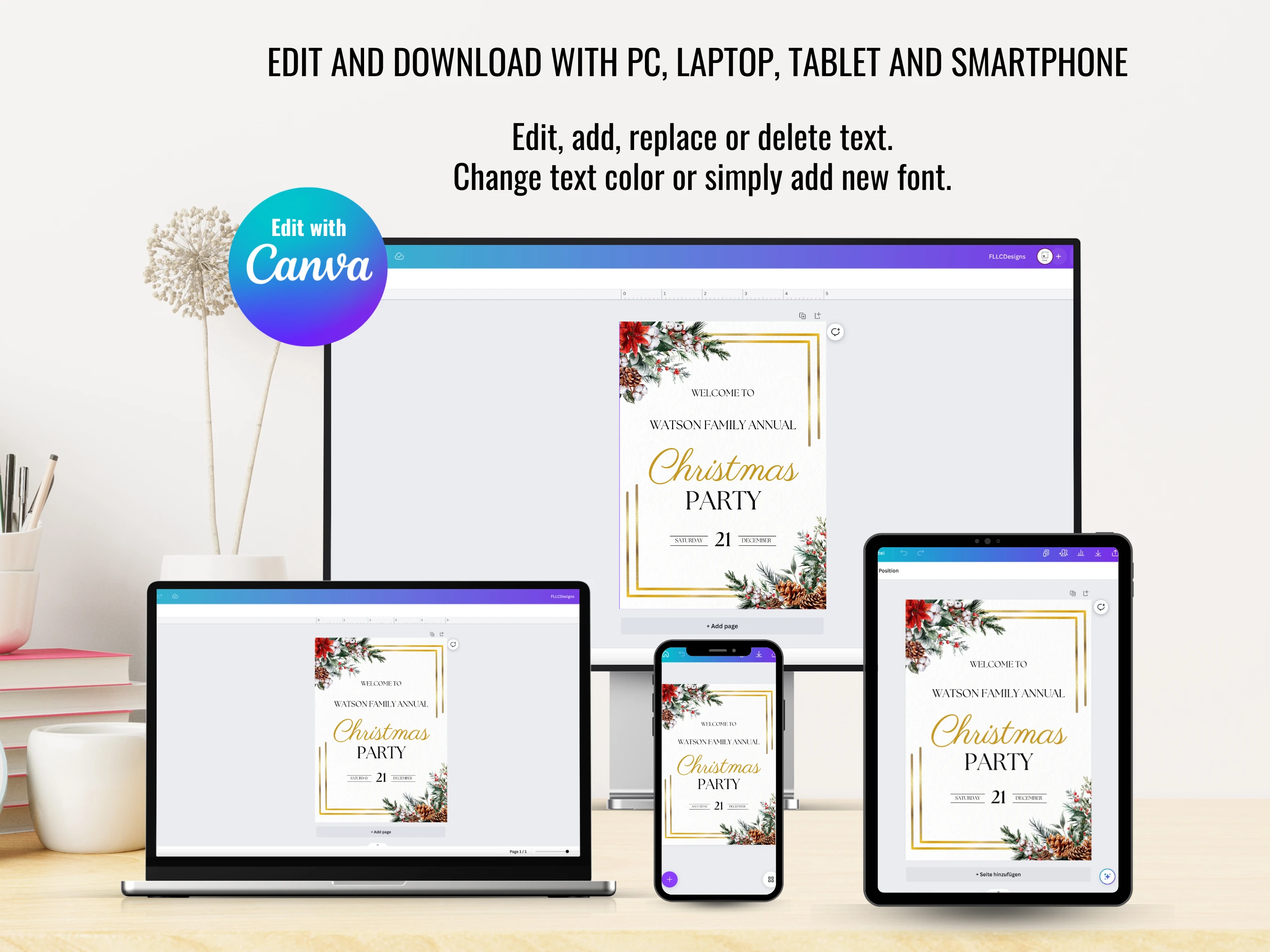 Christmas Party Welcome Sign | Golden Frame and Festive Greenery Decor | Editable Canva Template | Digital Download