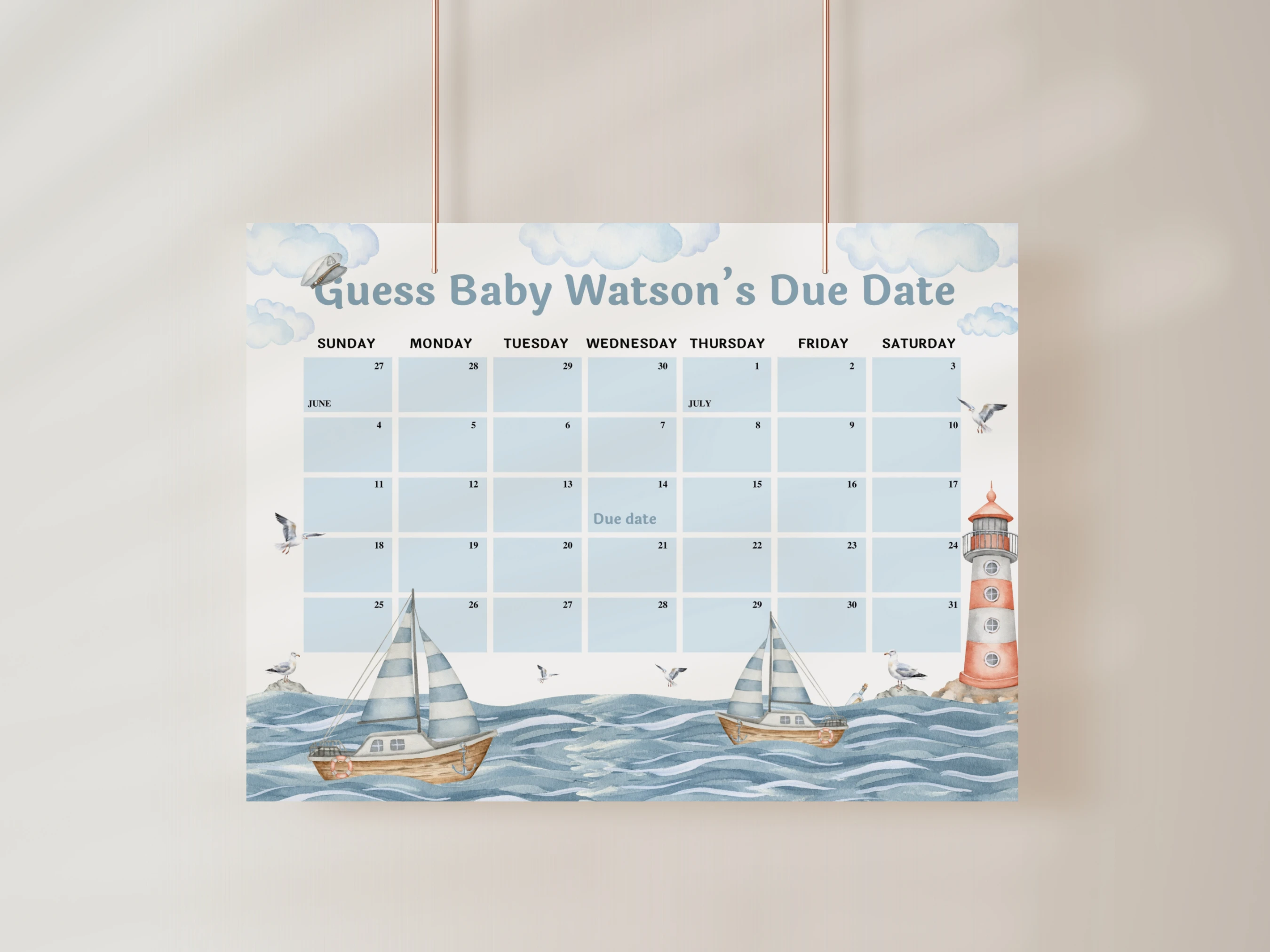 nautical baby due date calendar ahoy its a boy prediction game sailboat ocean canva template digital download, ocean sailboat baby shower prediction game calendar canva template