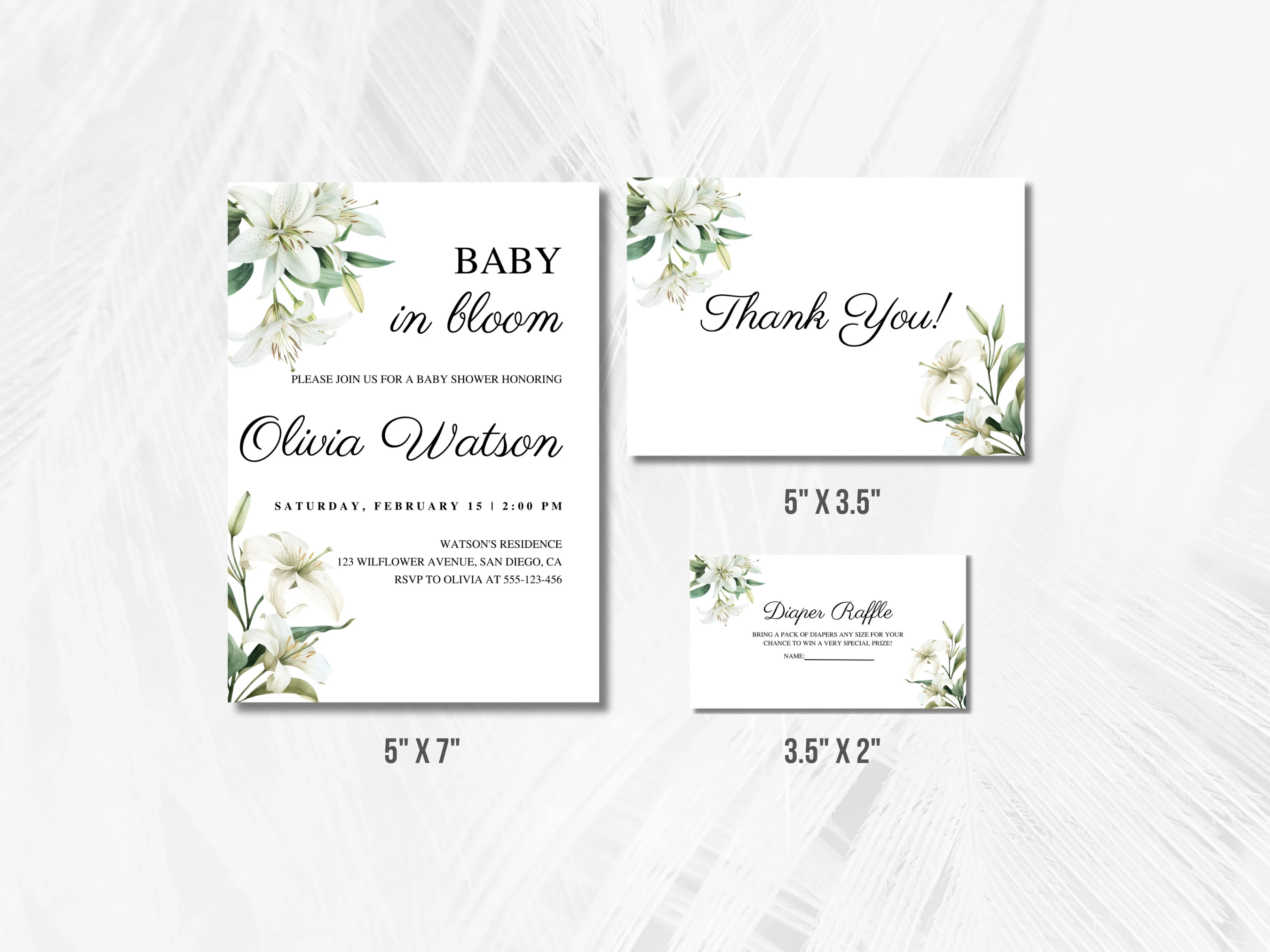 Baby In Bloom Baby Shower Invitation Set | Spring Wildflower Green And White Starter Pack For Baby Girl | Editable Canva Template | Digital Download