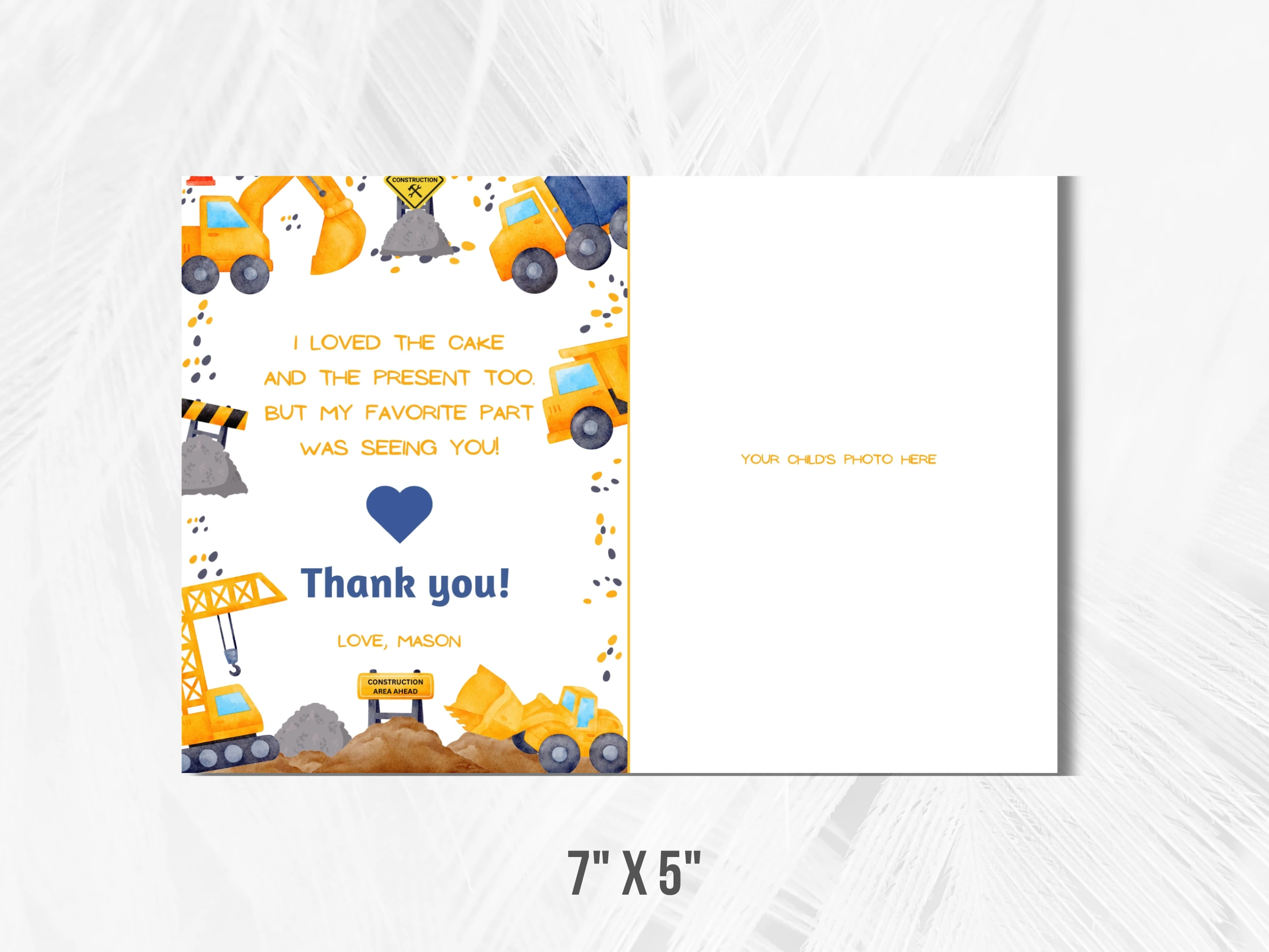 Construction Birthday Thank You Card With Photo | Excavator Party Birthday Thank You Note | Dump Truck 1st Birthday Party | Editable Canva Template | Digital Download