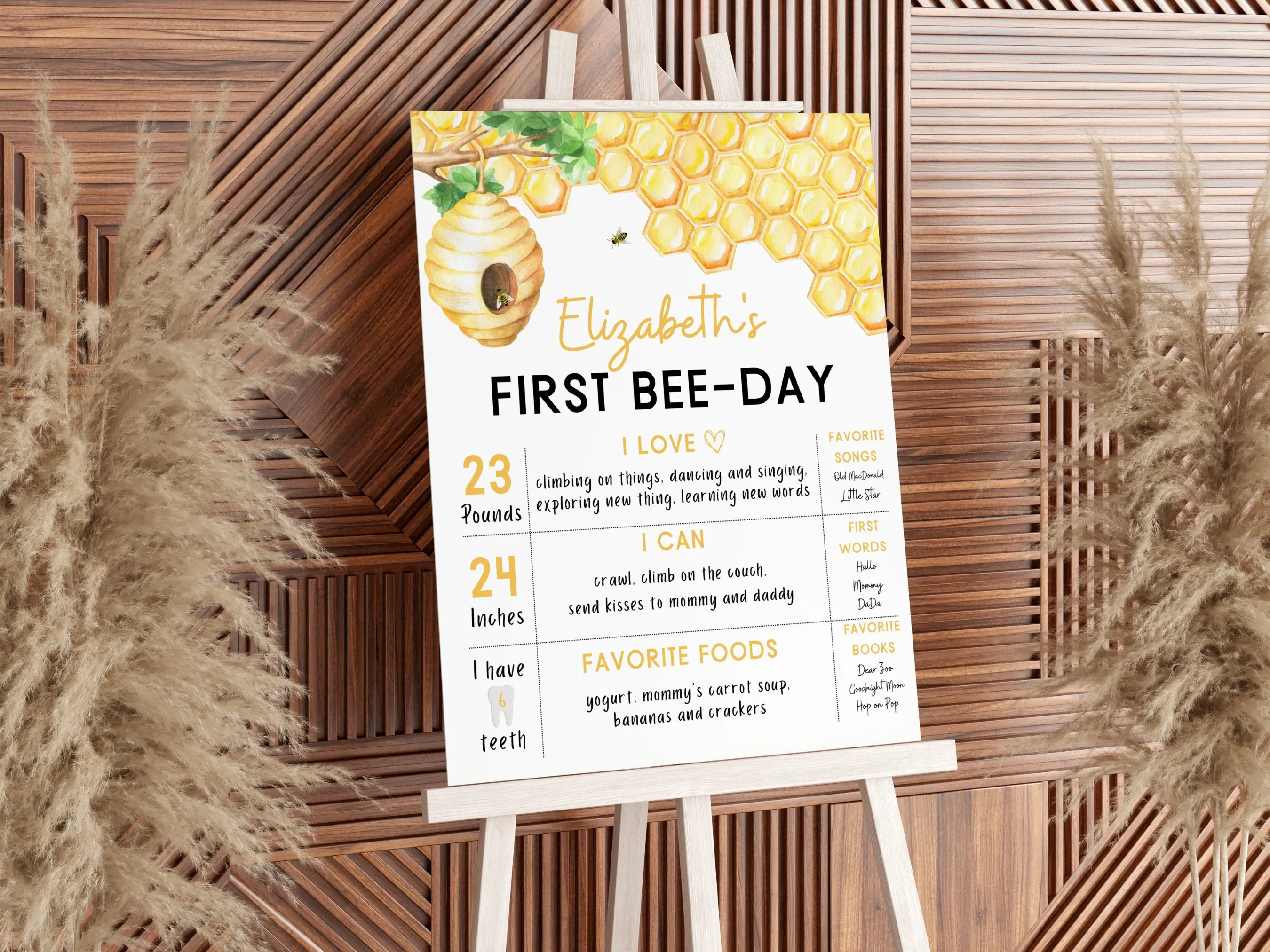 First Bee Day Birthday Milestone Board | Bumble Bee Milestone Poster | Honey Bee Baby Milestone Sign | 1st Birthday Party | Editable Canva Template | Digital Download